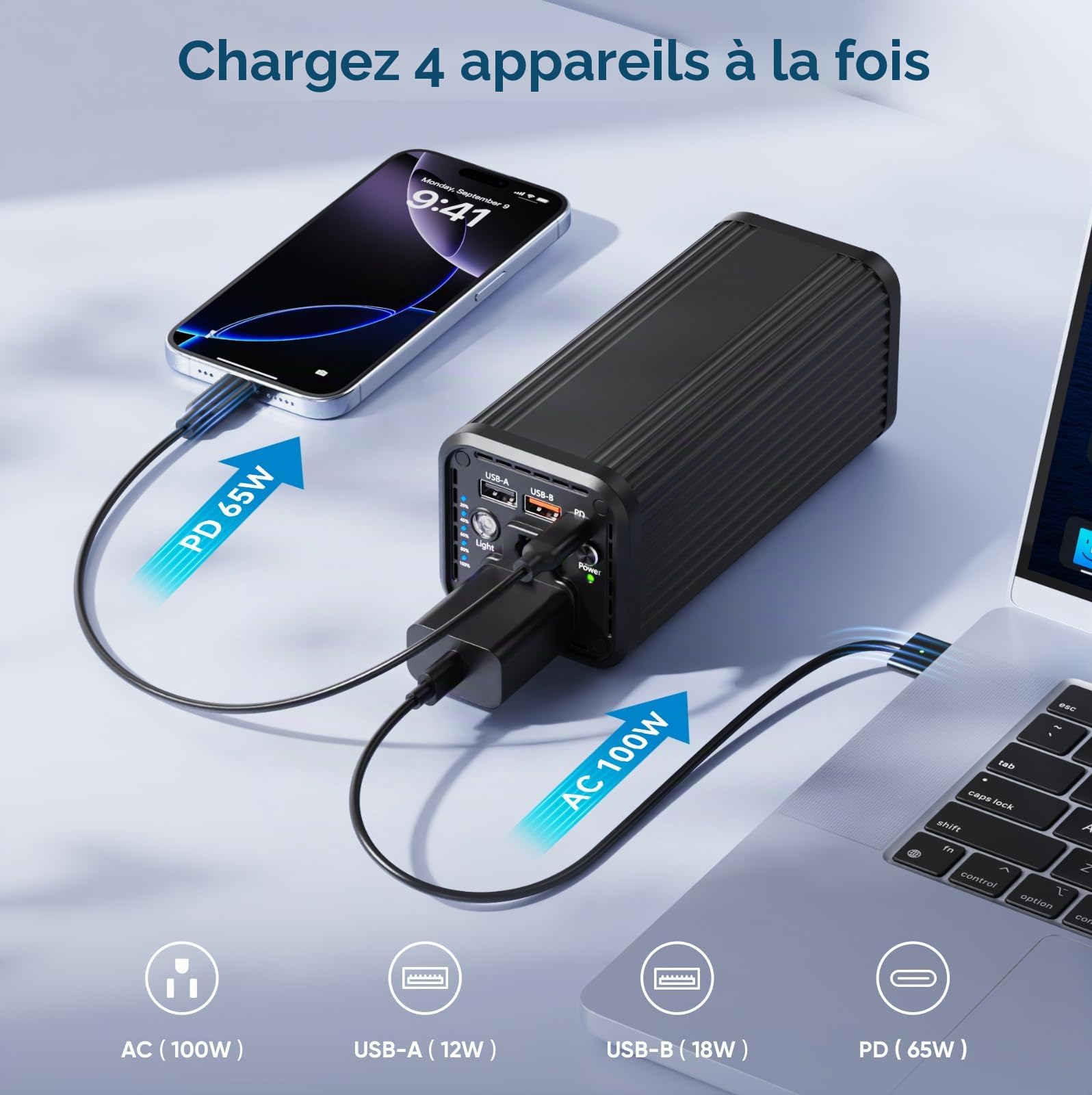 Power Bank 27000 mAh 98 Wh Batterie externe avec prise AC 100 W Chargeur portable avec PD 65 W Chargeur de voyage universel pour ordinateur portable, MacBook, tablette, téléphone portable, extérieur