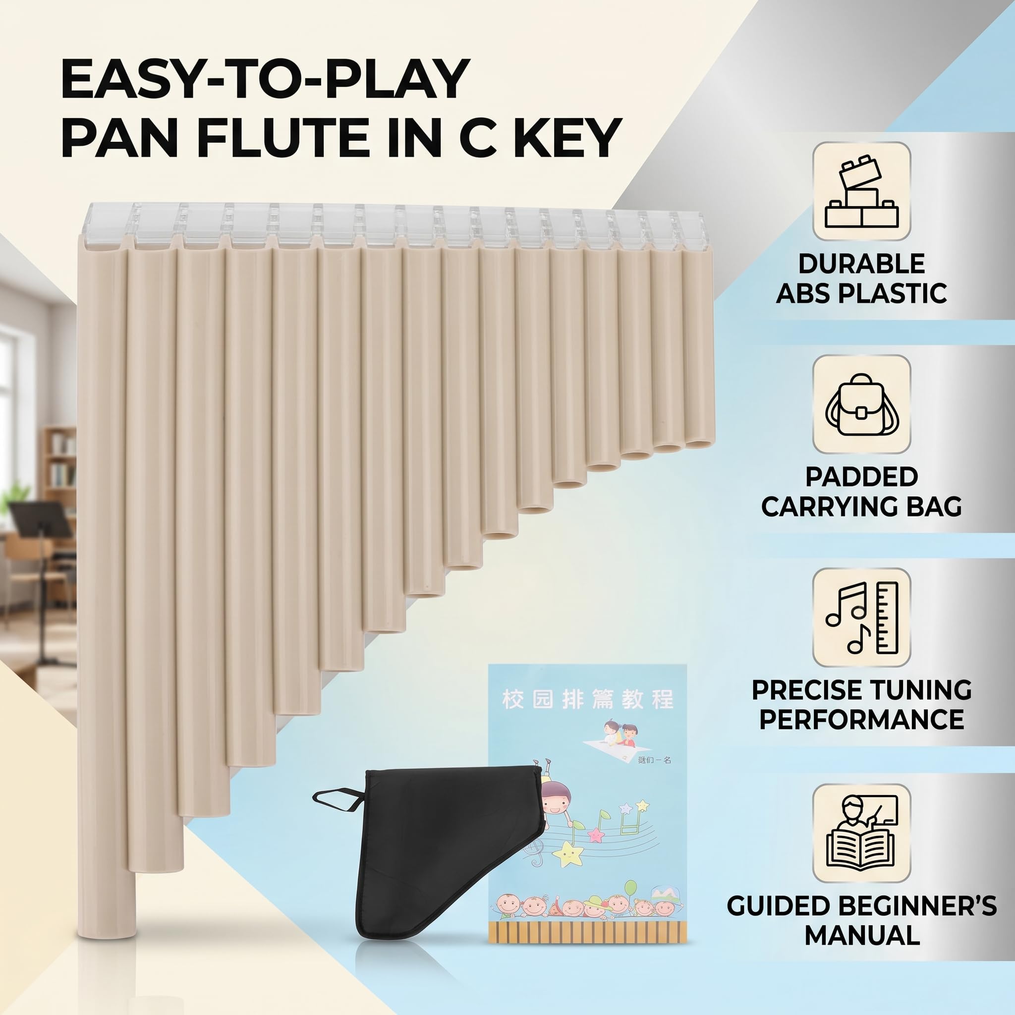 Flûte de Pan ABS 16-Tone Tube C Instruments de Musique Clés avec Sac à Main Rembourré en Nylon pour Enfants Adultes Débutants(blanc-crème)