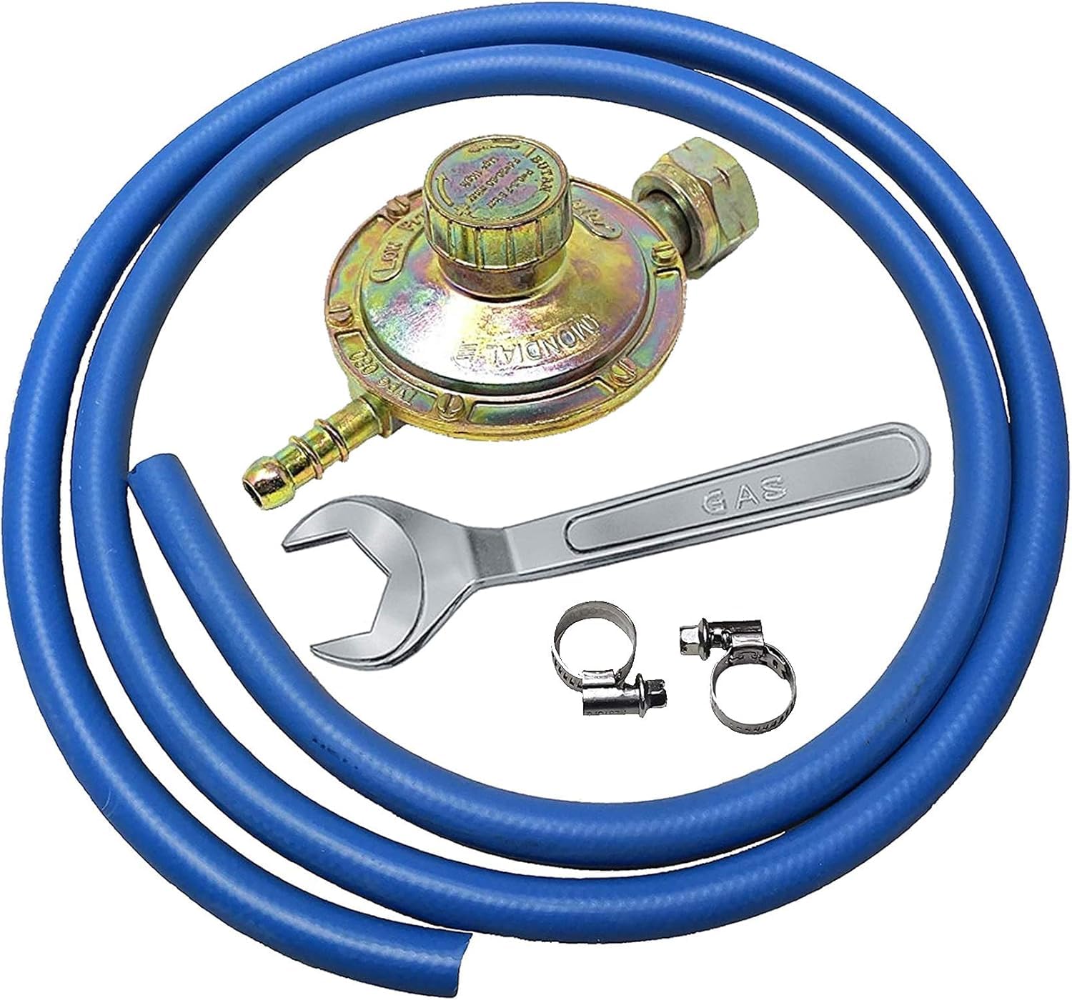 acquaverde | Kit Regolatore di Pressione Gas Variabile 0,3-16 Bar con Tubo 2 Mt 2 Fascette Chiave per Campeggio e Barbecue | Made in Italy