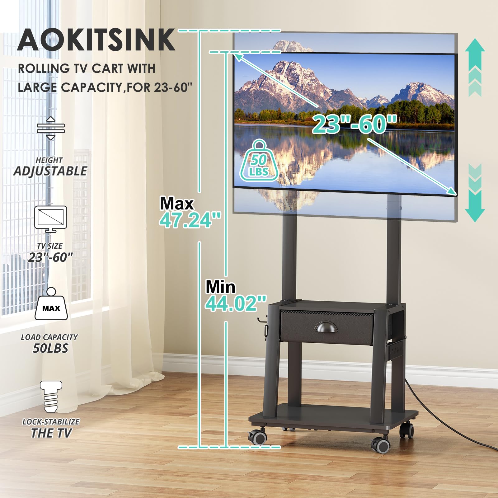 Mobile TV con presa di corrente, carrello TV inclinabile con cassetto per schermo piatto/curvo da 23-60 pollici fino a 22,7 kg, supporto portatile per TV su ruote, per interni ed esterni, VESA max 400