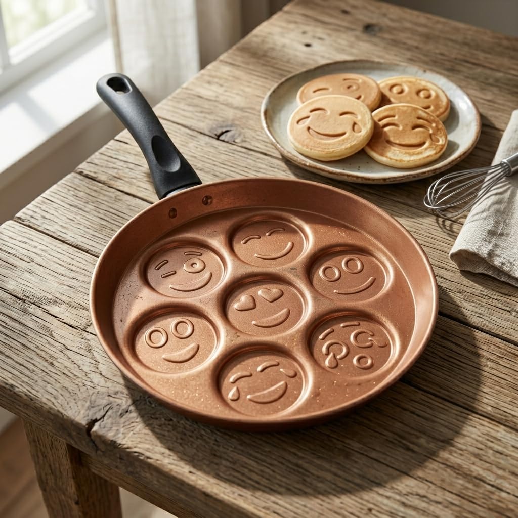 Papilla Redio Emoji Pankek ve Yumurta Tavası - 7 Bölmeli Gülen Yüz Tasarımlı, Yanmaz Yapışmaz Krep Tavası (28 cm) (BRONZ)