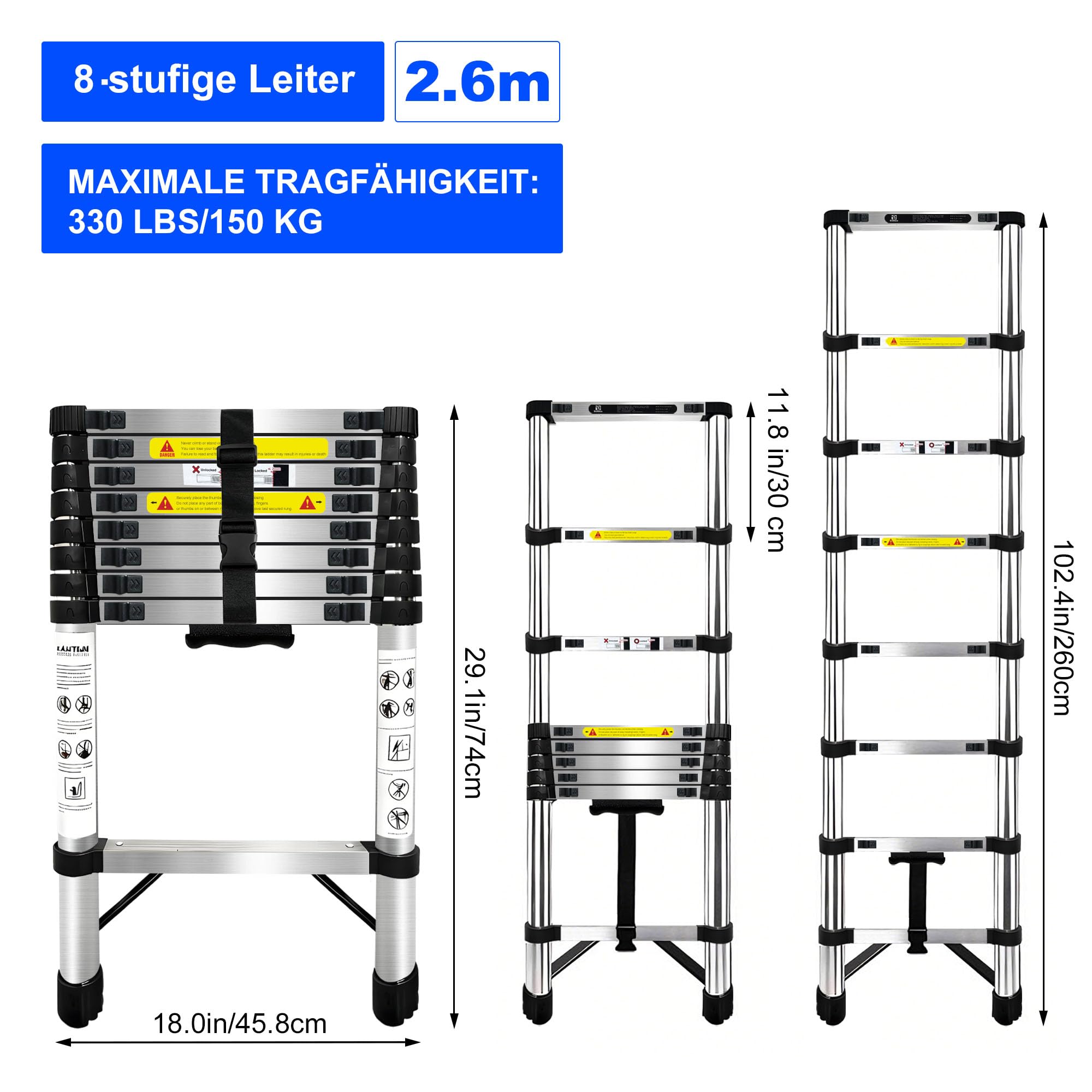 Escalera Telescópica de 2.6m,Escalera Plegable Acero Inoxidable,Escalera con Cierre de Seguridad con Patas Antideslizantes,Escalera Extensible,para Mantenimiento,Camping,DecoracióN MáXima 150 Kg
