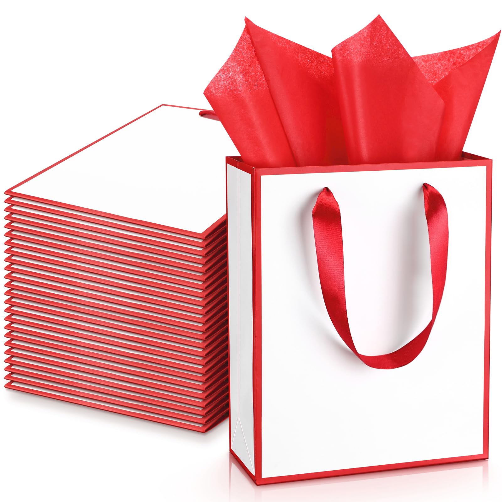 Yeaqee 24 Pack Metallic Paper Gift Bags with Handle and Tissue 9x7x3.1 Gold Foil Welcome Thank You Favor Bags Return Gifts for Wedding Graduation Bridesmaid Groomsmen Birthday(White, Dark Red)