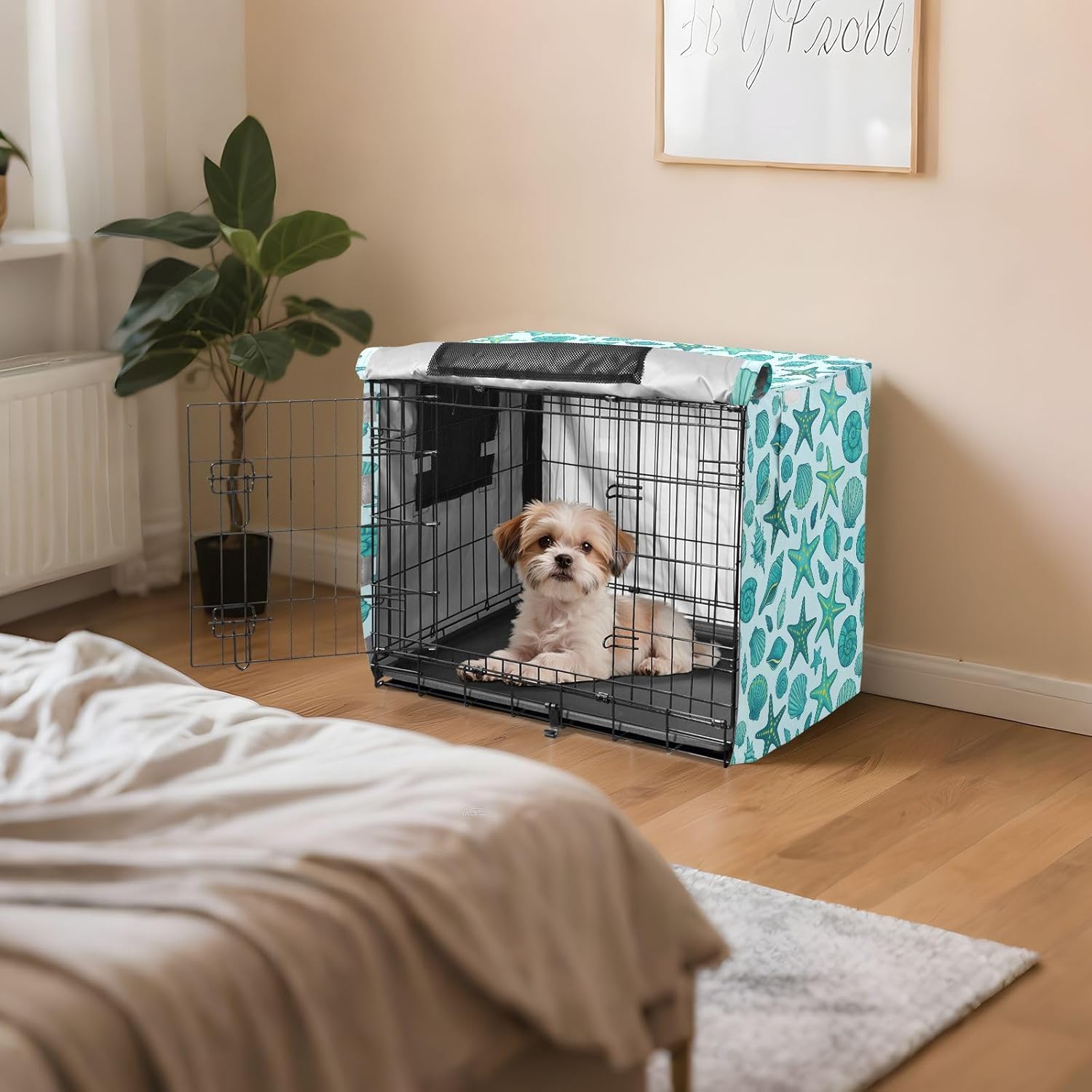 Duty 600D Silver Coated Dog Crate Cover, Water-Resistant Shell Print Pet Kennel Canopy with Mesh Windows for Optimal Ventilation, Universal Fit for Standard Wire Cage, Indoor & Travel