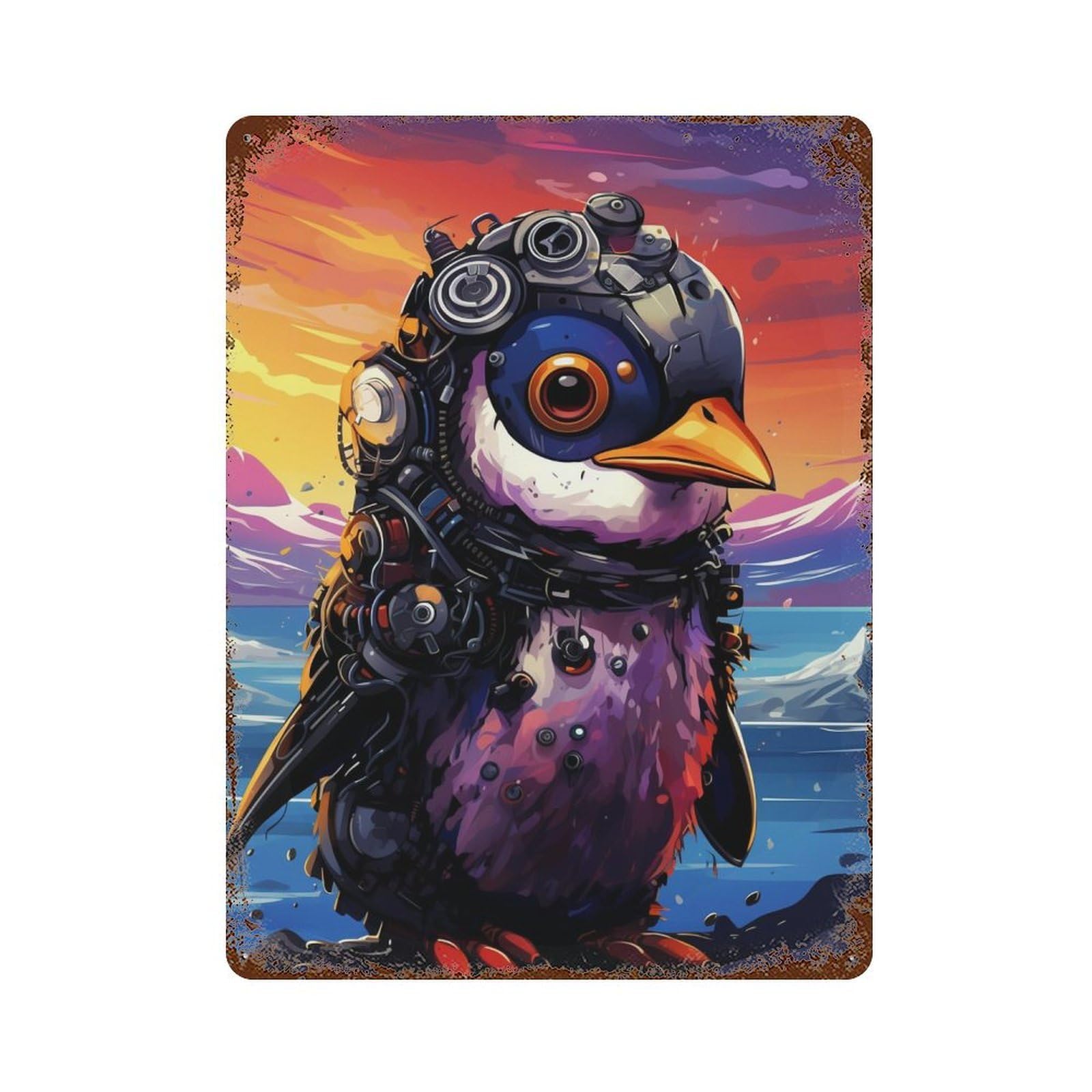 Steampunk Penguin Adventure Aged Metal Wall Plaque 15.7"x11.8", for Garage, Bar And Workshop Decor, Farmhouse Wall Decor
