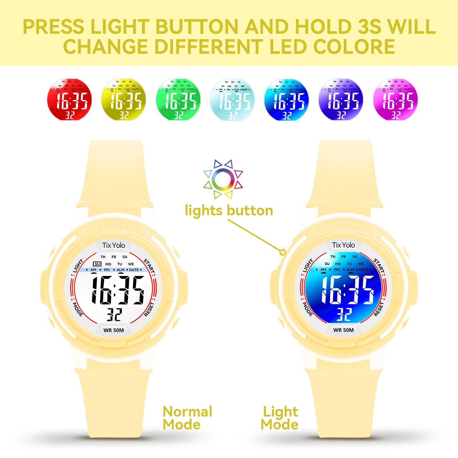 Montre numérique pour enfants avec 7 lumières de couleur étanche à 50 m, alarme, chronomètre, bracelet souple, cadeau pour enfants, montre de sport pour garçons et filles de 5 à 12 ans