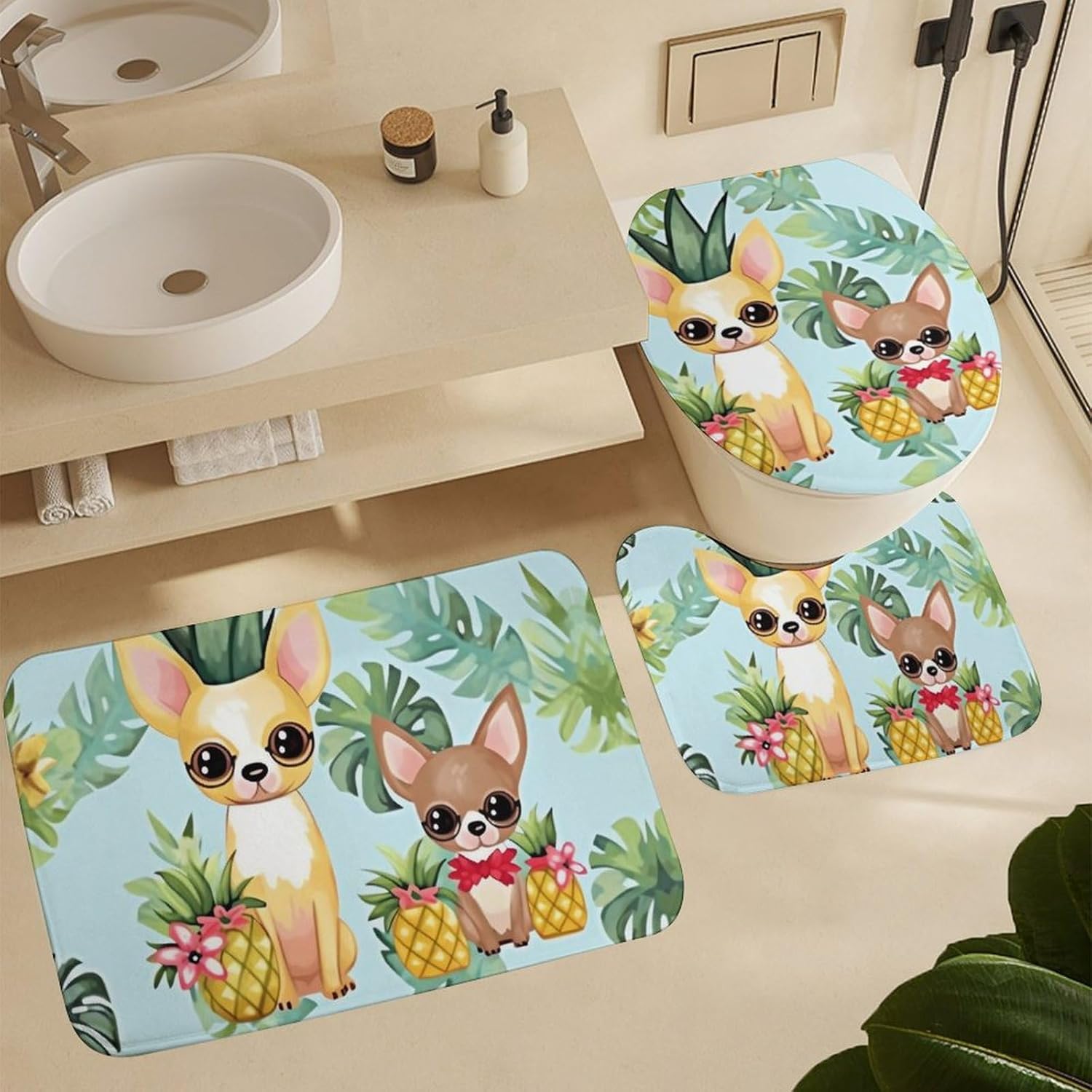 Anti-Skid Floor Mats 3 Piece Set,Chihuahua Dog Pineapple Printed Coral Fleece Bathroom Mats U-Shaped Contour Mat Toilet Seat Cover for Bathroom, Tub, Shower, Kitchen 19.7"x31.5"
