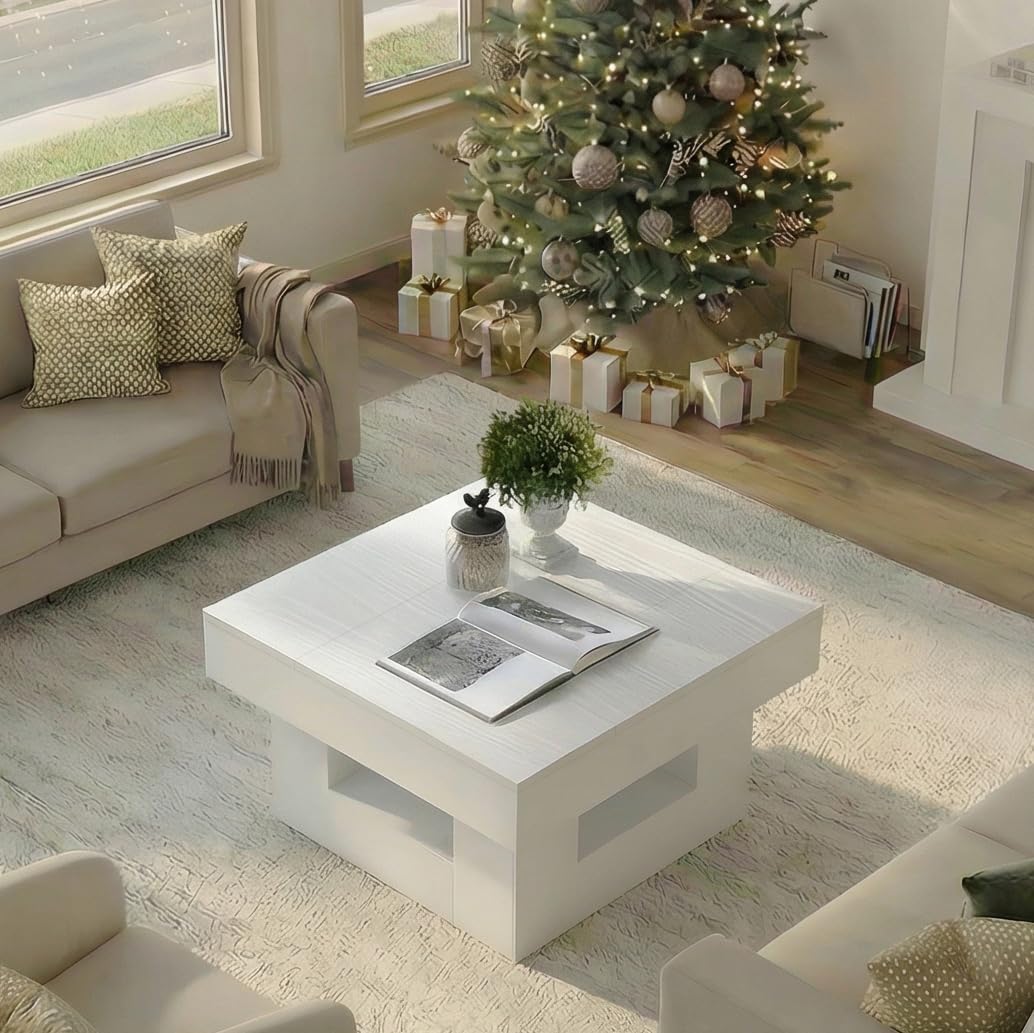Modern Coffee Table for Living Room, Wood Living Room Table with Sturdy Wooden Legs, Easy Assembly, 31.5" W x 31.5" D-White