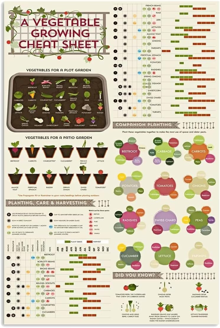 peiyeety Tin Sign Knowledge Poster With A Vegetable Growing Cheat Sheet Metal Tin Signs Wall Art Decor For Home Bars Club Cafe Plaque es 8"x12"