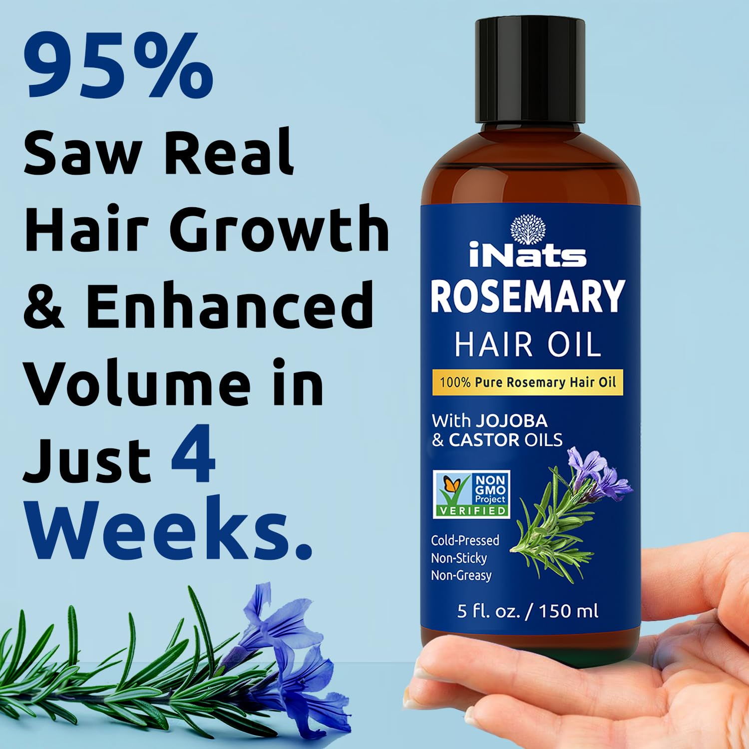 Aceite de romero 100 % puro para el crecimiento del cabello (5.2 onzas líquidas), prensado en frío e infundido natural con biotina, jojoba y aceites de ricino, repara el cabello seco dañado