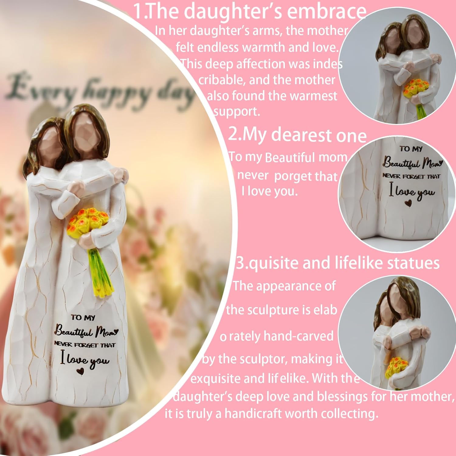 Mom Birthday Gift from Daughter for Mom Hand-Painted Hug Sculpted Decorative Figurine with Flowers Home Decor Gift (Mom and Daughter) - Image 3