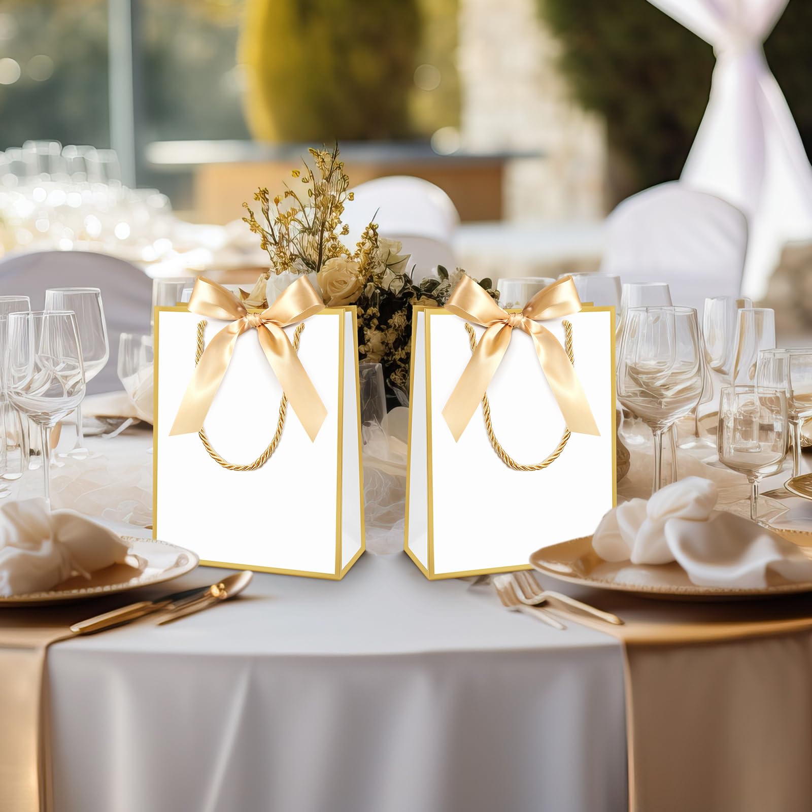 Silkfly 12 Pcs Wedding Paper Gift Bags with Handle 9x7x3.15'' Thank You Gifts Bags with Ribbon Bow Bridal Shower Gifts for Baby Shower Graduation Holiday Birthday Party Supplies (White,Gold)
