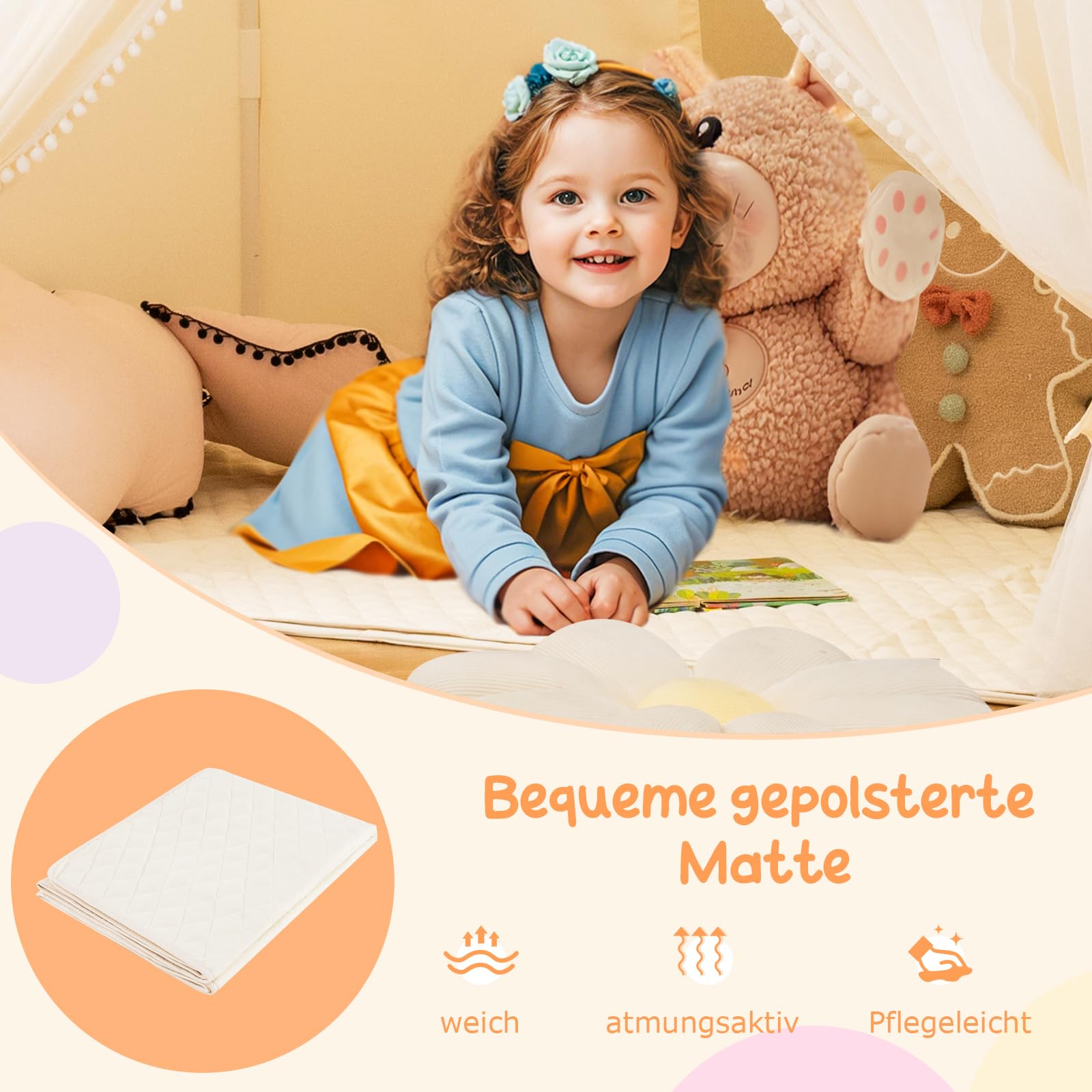 GOPLUS Spielhaus Kinder Indoor, Spielzelt groß mit Vorhängen, Fenstern, Sternenlichtern, bunten Flaggen & gepolsterter Matte, waschbares Kinderzelt für Mädchen & Jungen ab 3 Jahren (Beige)