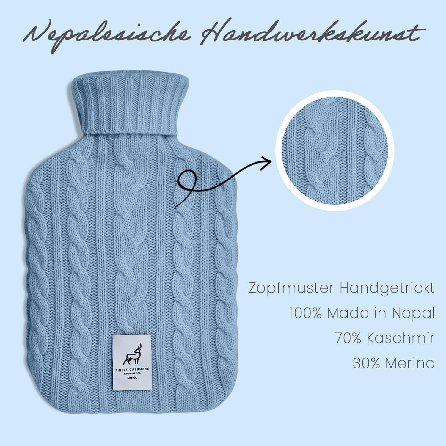 UMOI Borsa dell'acqua calda ecologica in lana di cashmere, di lusso, testata TÜV Rheinland, 2 litri (struttura chiara), Celeste
