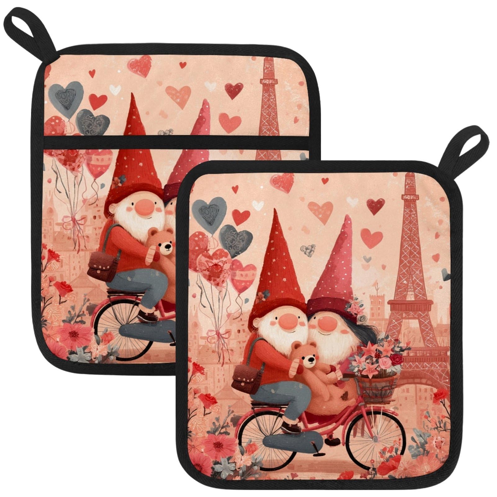 VAPOKF Valentine's Day Gnome Heat Resistant Pot Holders, Thick Pot Holders Pad with Hanging Loop for Kitchen, Oven Cloth Pads for Kitchen Baking Microwave Oven