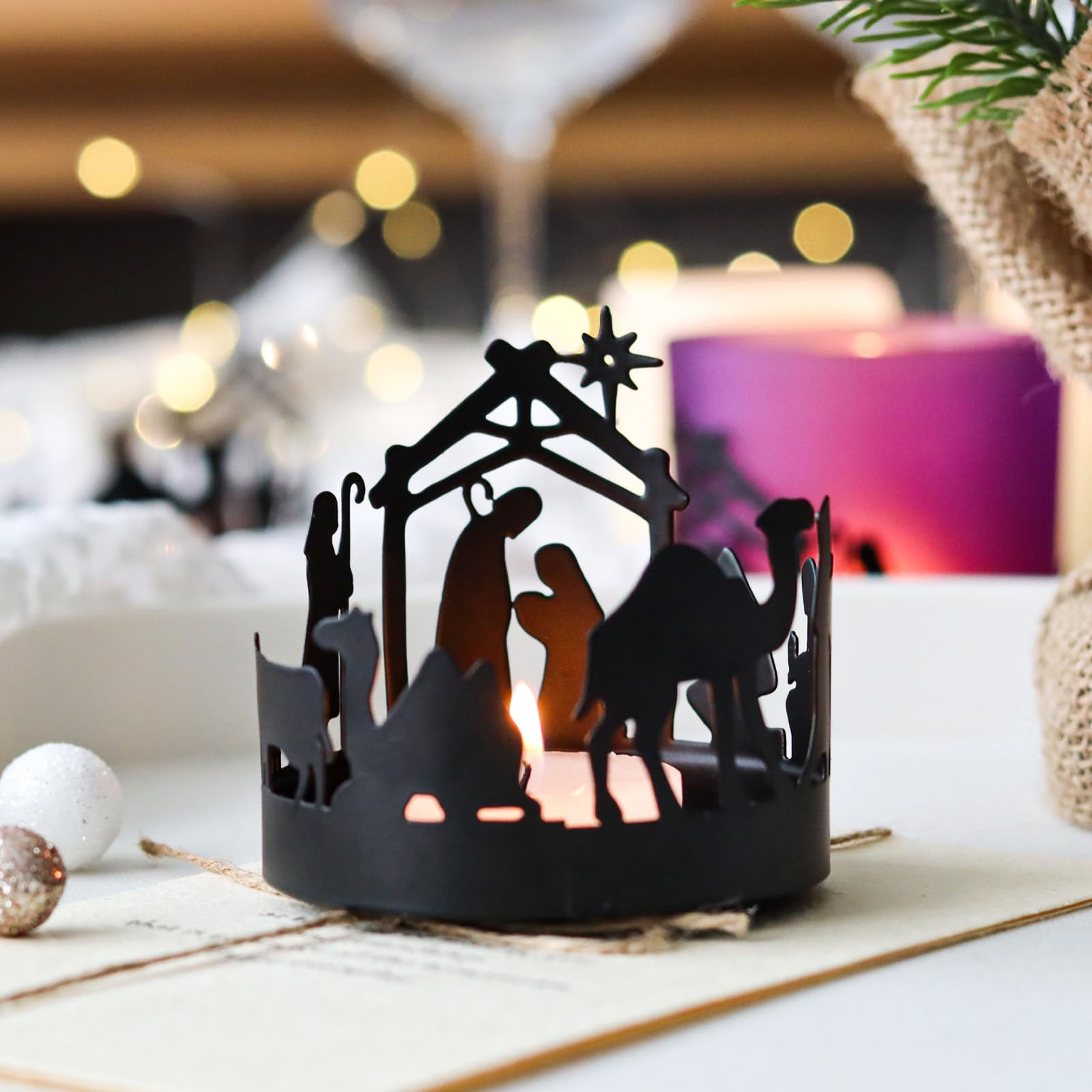 SYFURNIX Advent Candle Holders Set of 4, Metal Christmas Table Decor Centerpiece Pillar Tealight Votive Candle Holders, Vintage Indoor Christmas Table Decorations 4PCS