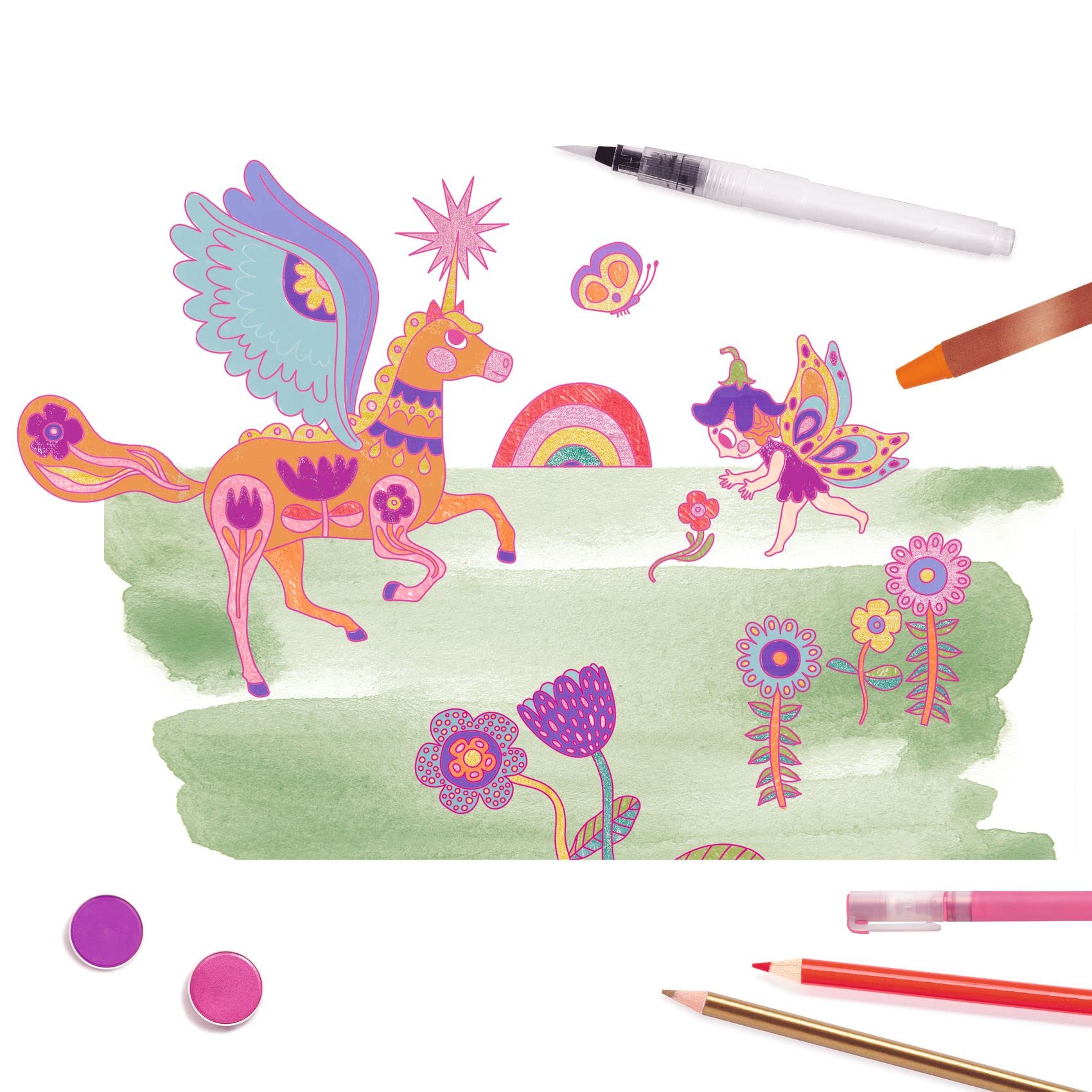 DJECO Coffret Les Couleurs des Grands - Dès 6 Ans - Kit Valise avec Peinture, Feutres, Crayons, Pastels, Stylos & Accessoires - Couleurs Scintillantes - Coloriage & Peinture - Qualité Made in France