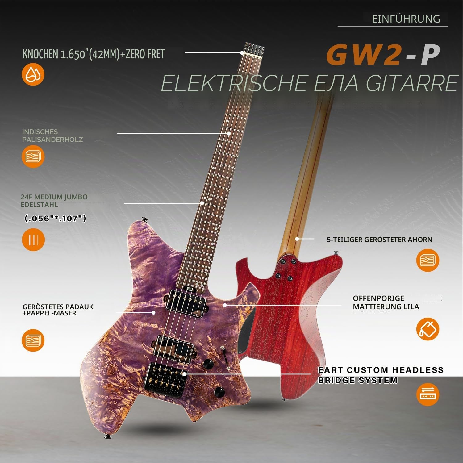 EART Kopflose Gitarre Fixed Bridge 6 String Elektrogitarre für Einsteiger, Edelstahlbünde H-H Abholungen Rechtshänder Solid Body Gitarre Purple