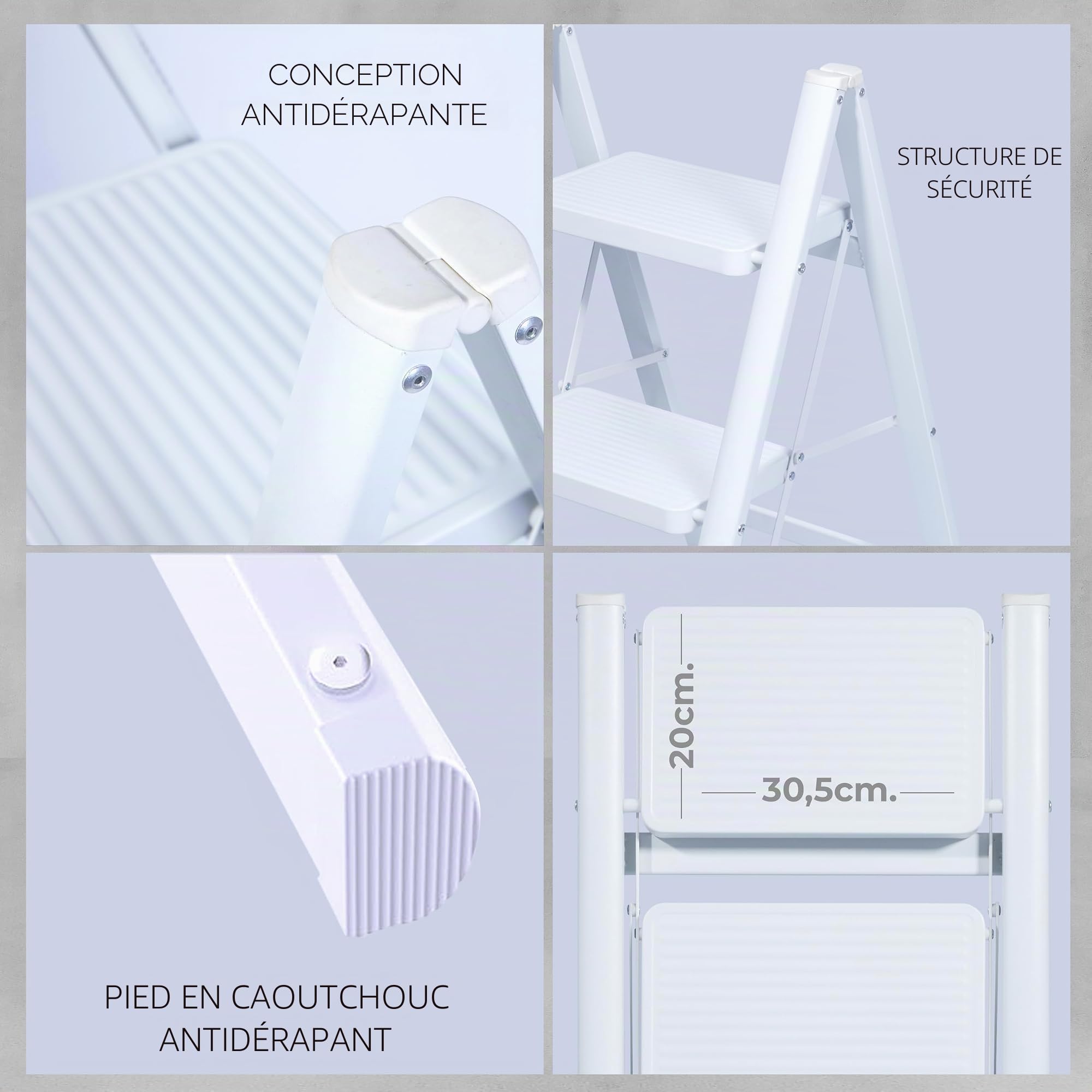 UZIRO Escabeau Pliable 3 Marches, Échelle de Sécurité avec Pieds Antidérapants, Tabouret de Step Idéal pour Maison, Cuisine, Bureau, Ladders Design Compact et Durable (Blanc, 3 Marches)