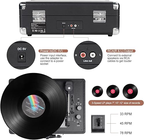 Miniatura 3 de Tocadiscos de vinilo inalámbrico Bluetooth de 3 velocidades portátil vintage maleta con altavoces integrados, incluye lápiz óptico extrasalida