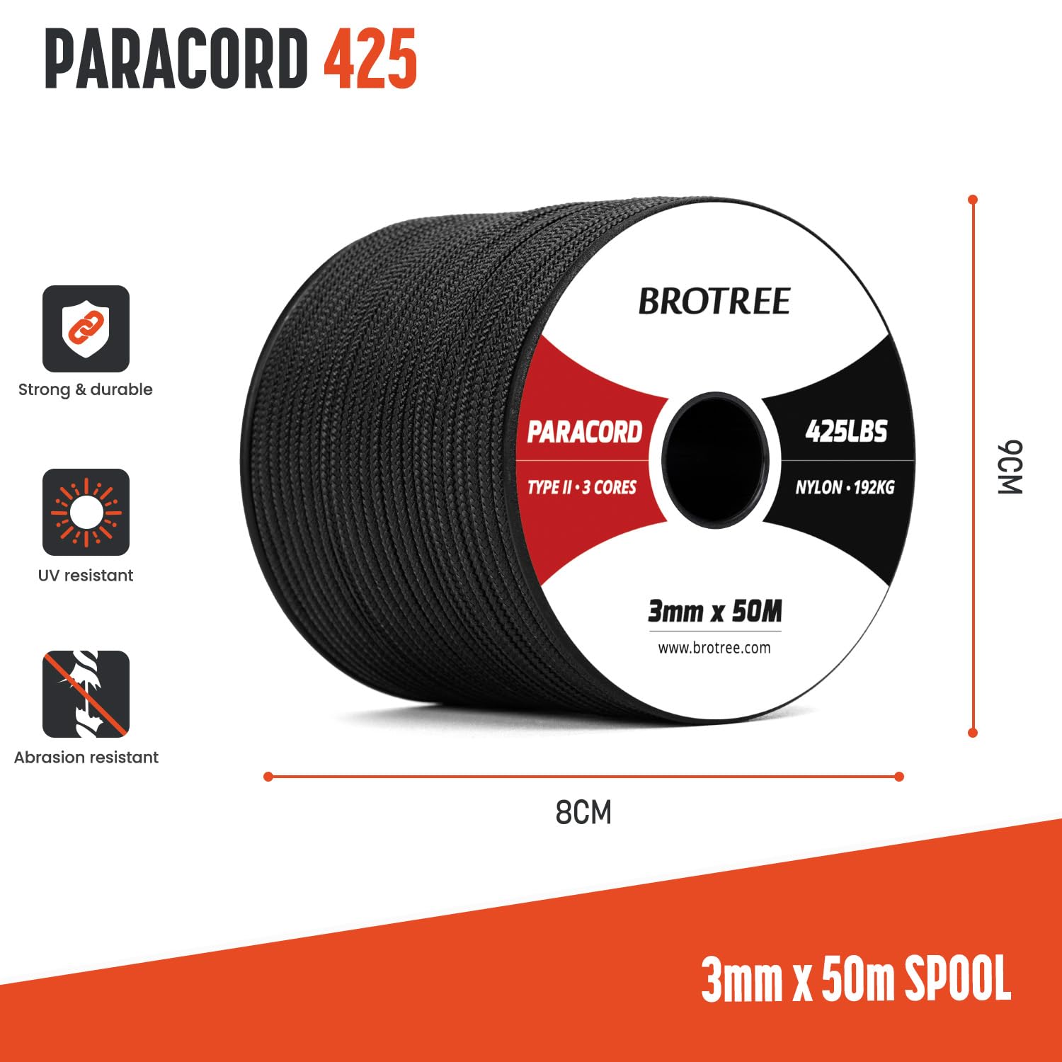 Brotree Paracord 3mm 50M 100% Nylon Seil Schnur Typ II Paracord 425 mit 3 Kern für Survival, Outdoor, Armband, Basteln - Bruchlast 192kg (Schwarz)