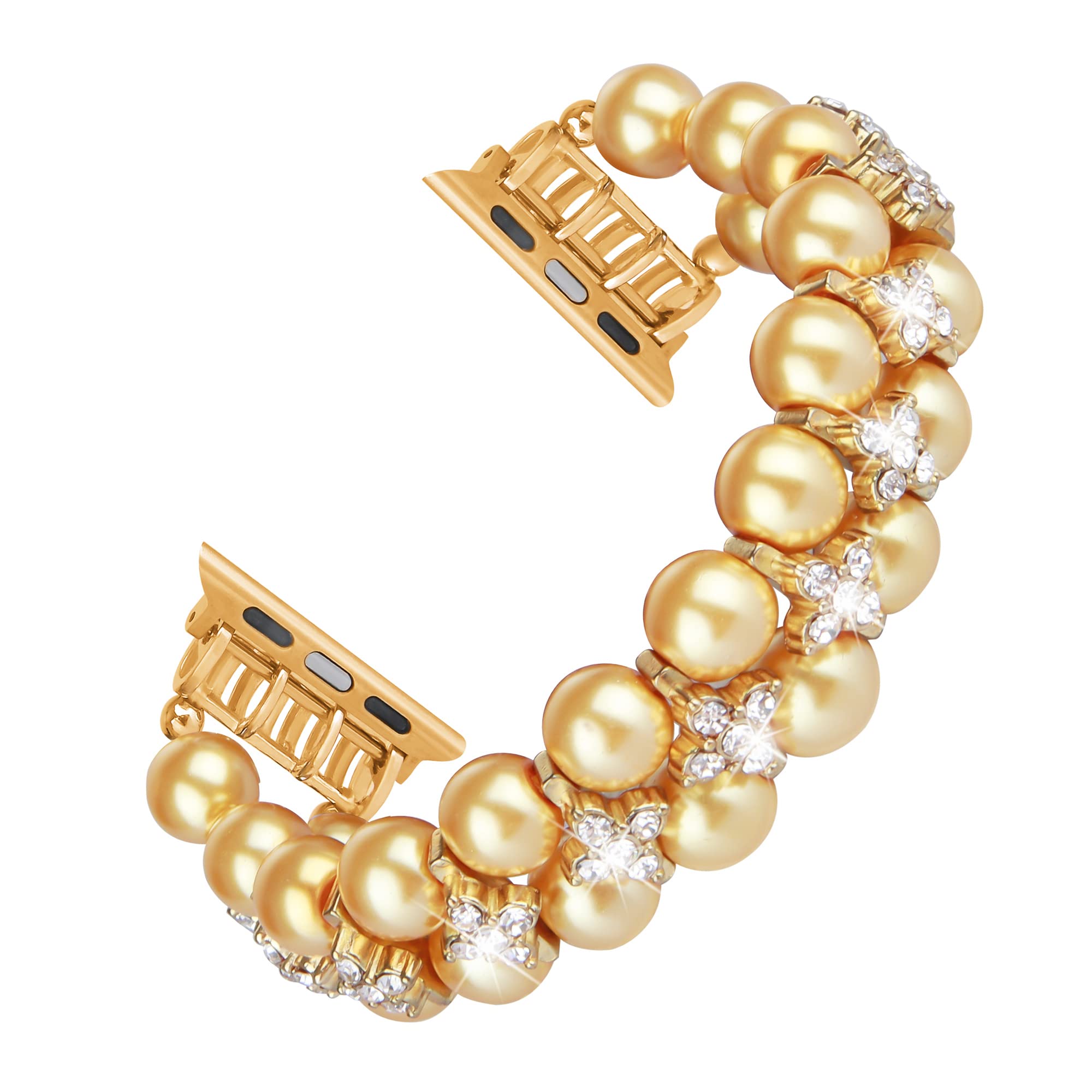 GEMEKPearl Bracelet Compatible with Apple Watch Band 42/44/45mm iWatch Series 7/6/5/4/3/2/1, Handpicked Artificial Elastic Stretch Diamond Jewelry Wristband Replacement Strap for Women (Shiny Gold)