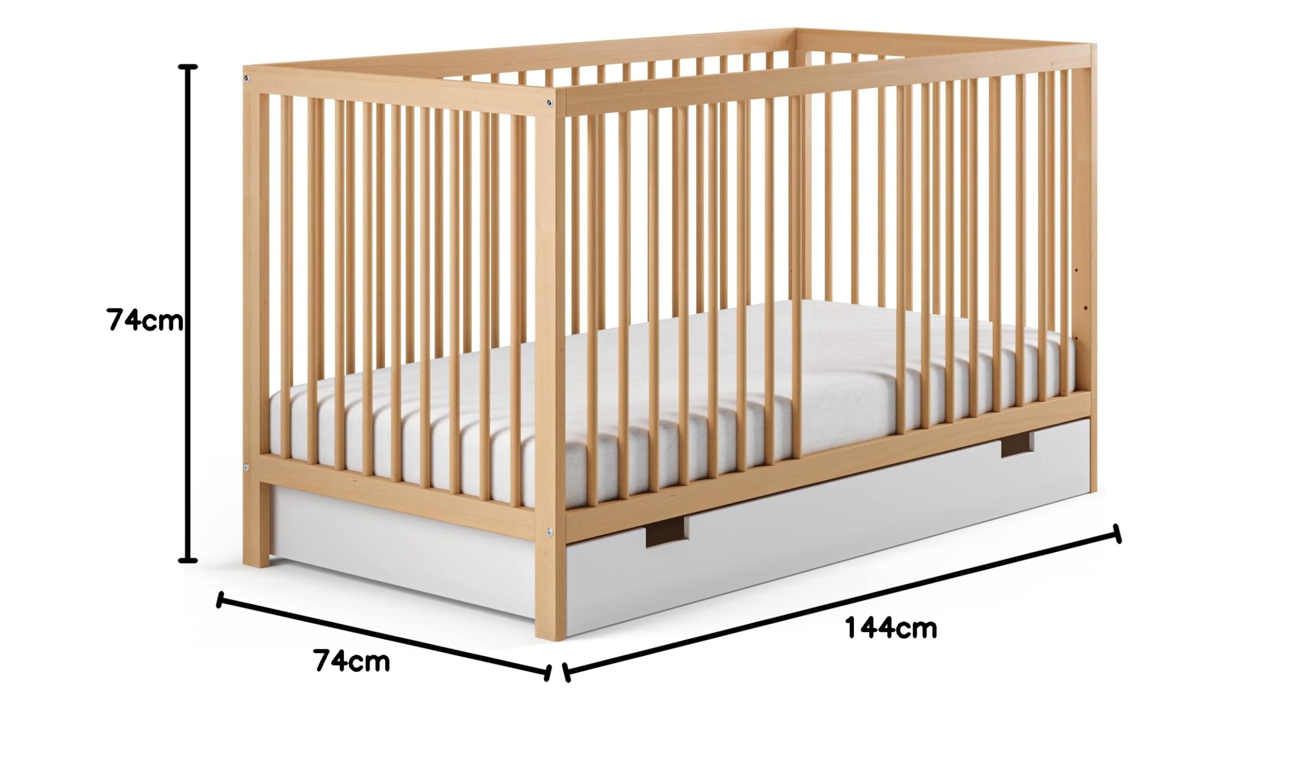 Cuna cuna 70 x 140 cm, altura ajustable y peldaños extraíbles, con cajón y colchón | Madera de haya natural muy estable Fabricado en Europa