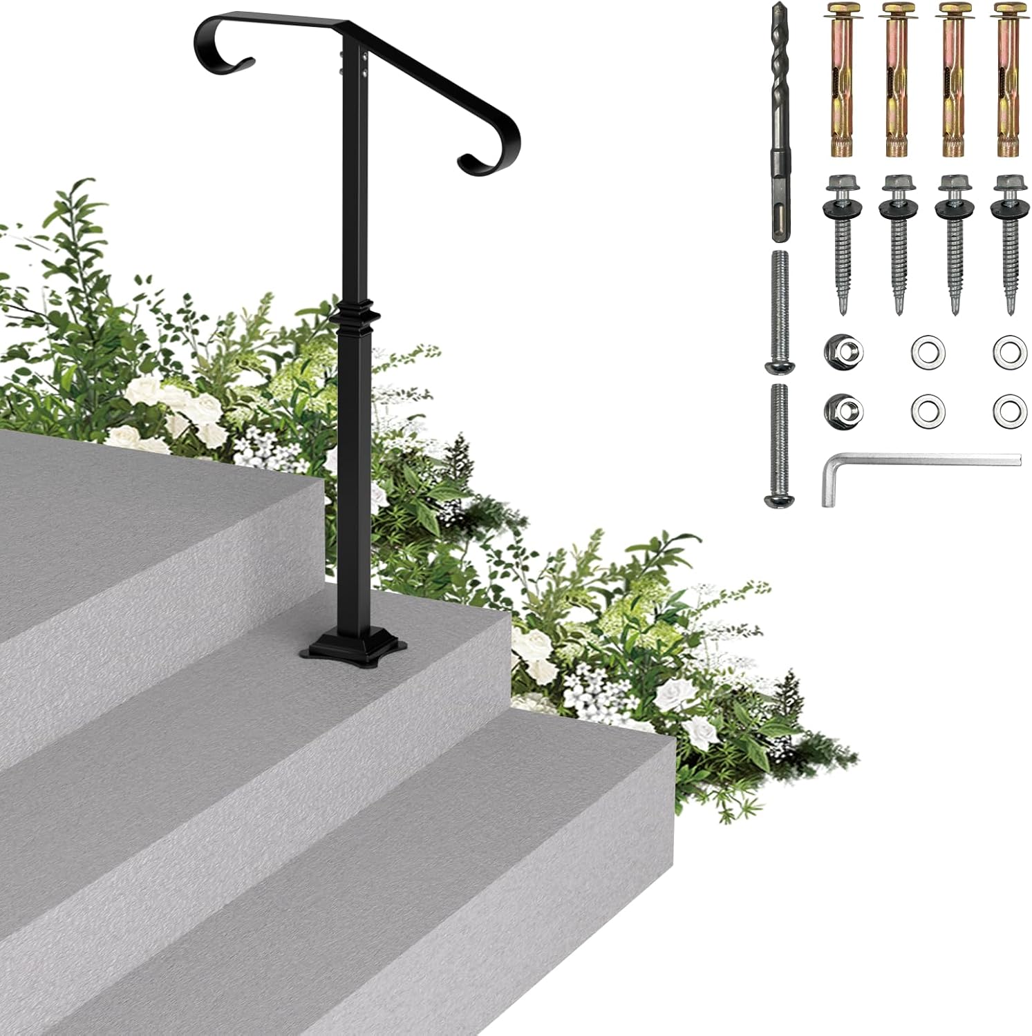 Handrails for Outdoor Steps-Single Post Wrought Iron Handrail for 1, 2 Step-Outdoor Stair Rail Handrails-40 H Black Wrought Iron Hand Rail Powder Coating for Concrete Steps or Wood Stairs Art-1-2 Steps