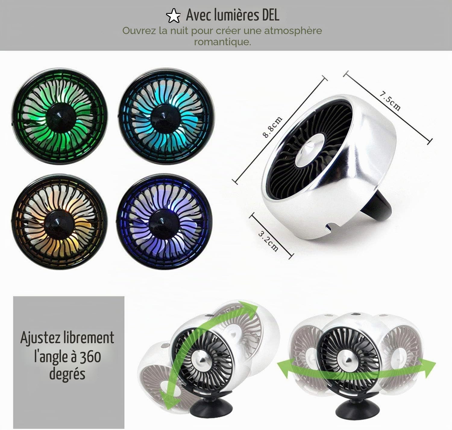 Kwak's Mini ventilateur pour voiture grille d'aération du ventilateur avec LED ABS ventilateur autocollant Support voiture ventilateur de refroidissement, pour le bureau de la maison de voiture(noir)