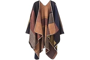 Women's Plaid Sweater Poncho Cape Coat Open Front Blanket Shawls and Wraps