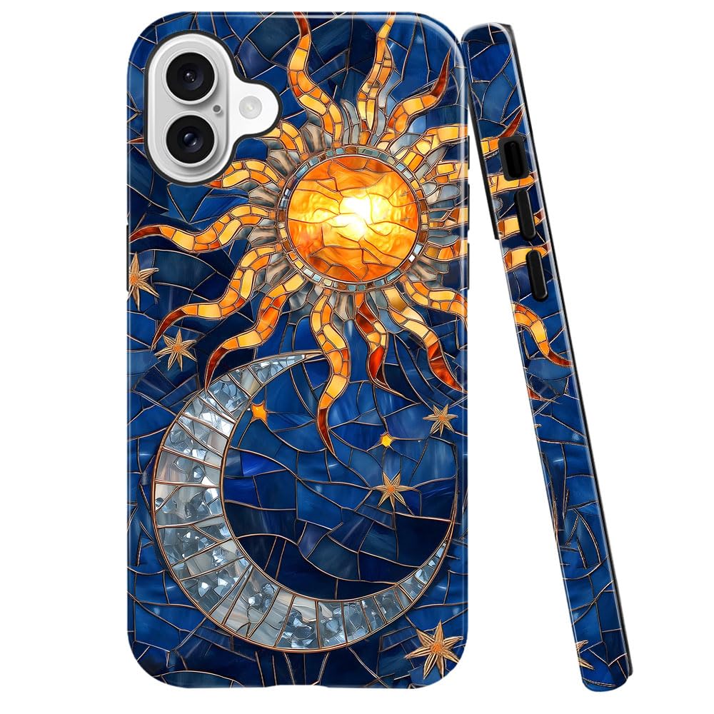 Case for iPhone 16,Fits Glossy Case Design for Girl Women,Celestial Stained Glass Sun Moon Star Blue