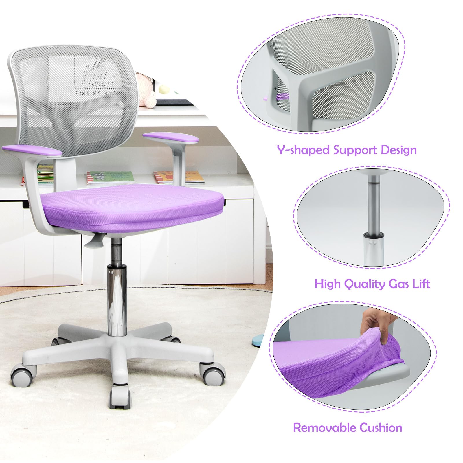 LIFEZEAL Sedia Scrivania Bambini, Sedia Girevole, Altezza Regolabile e Ergonomico, per Bambini, da Cameretta, con Braccioli, Schienale e Sediolina Imbottita, per Bimbo 3 Anni+, Max150kg(viola 2)