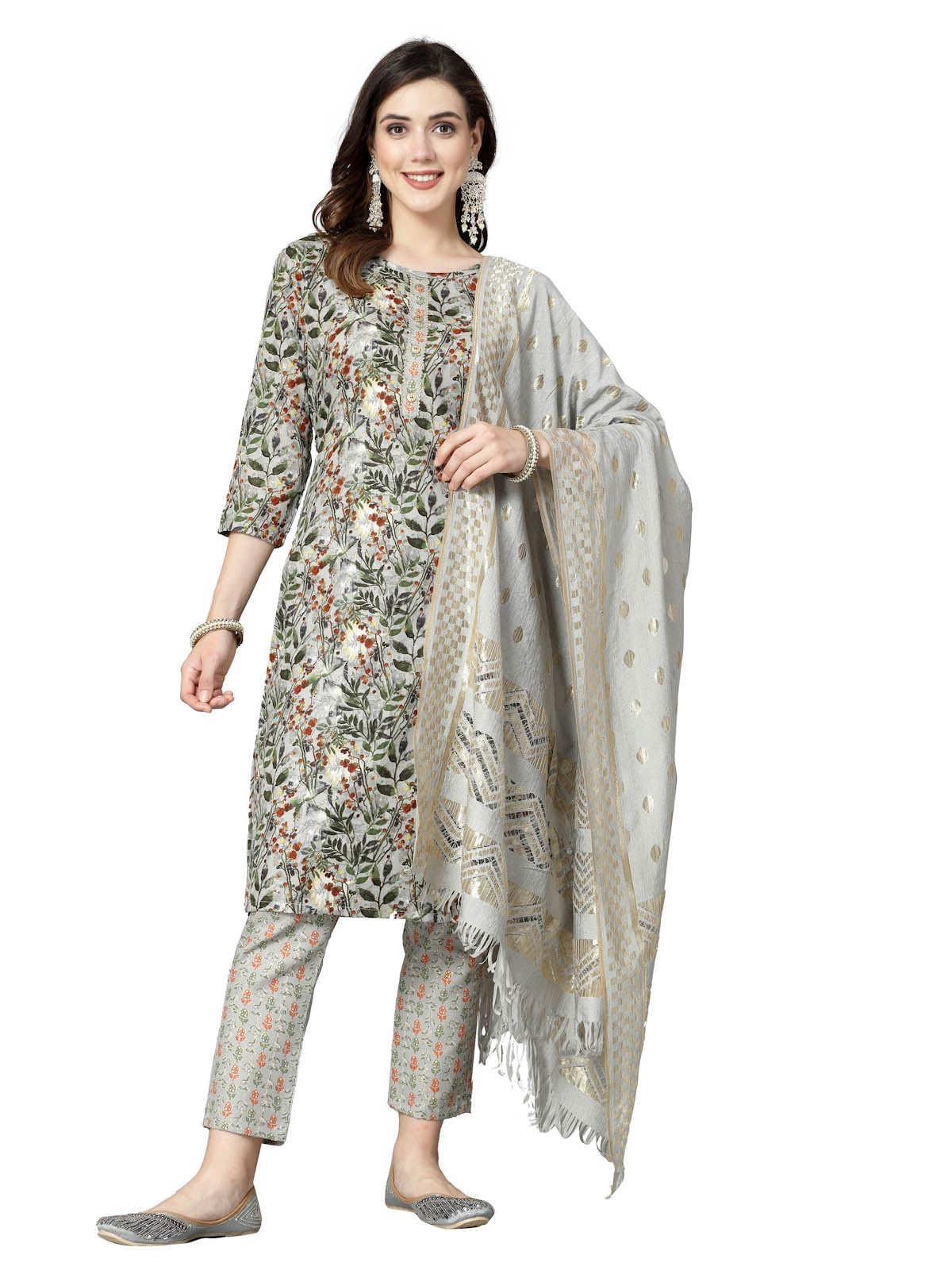 Stylum Women's Floral Printed Cotton Blend Straight Kurta Pant Dupatta Set (Kpdgreendangal42_Green, Xl)