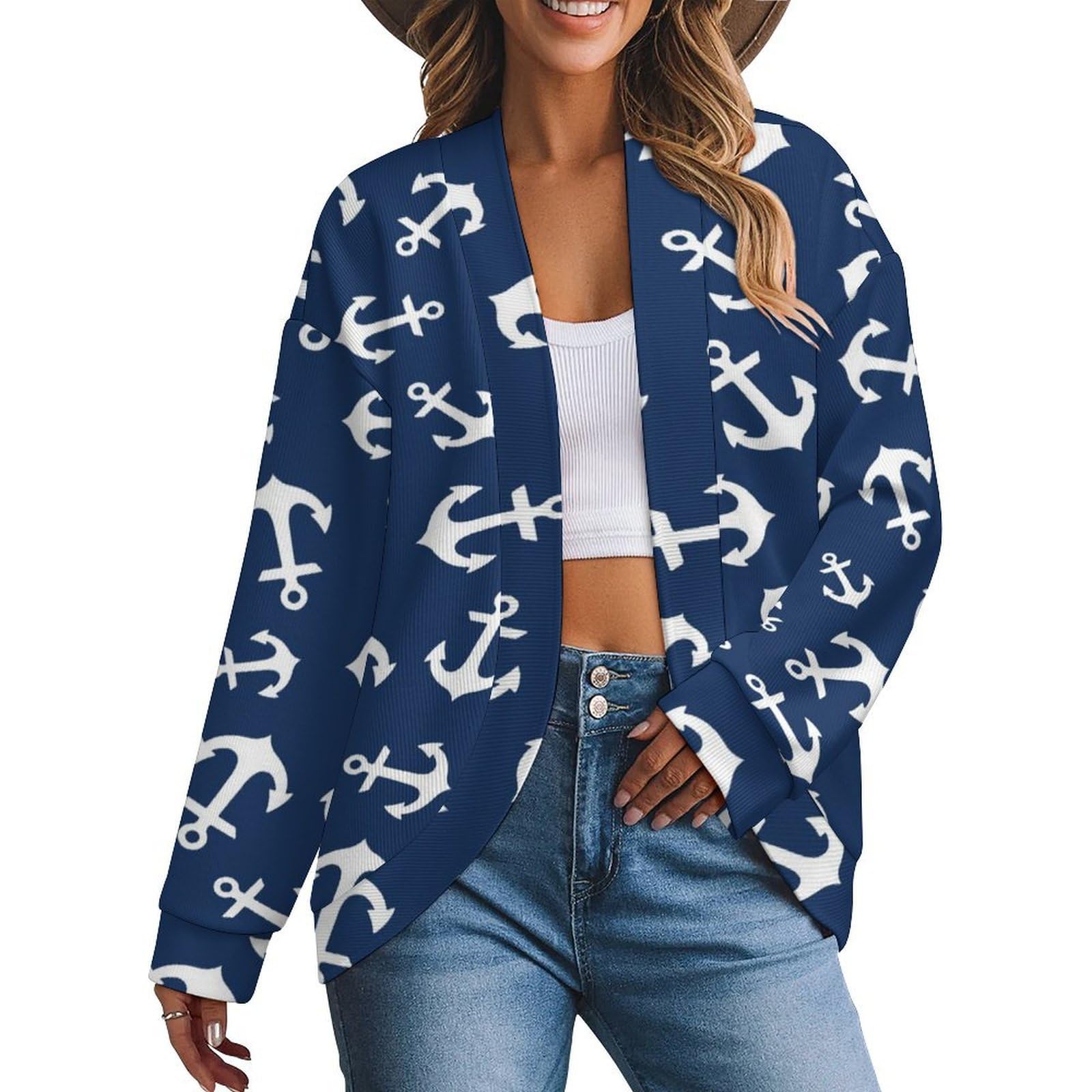 XYPSHN Nautical Anchor Floral Womens Open Front Sweater Long Sleeve Shoulder Cardigans Loose Coats Pullover Loungewear