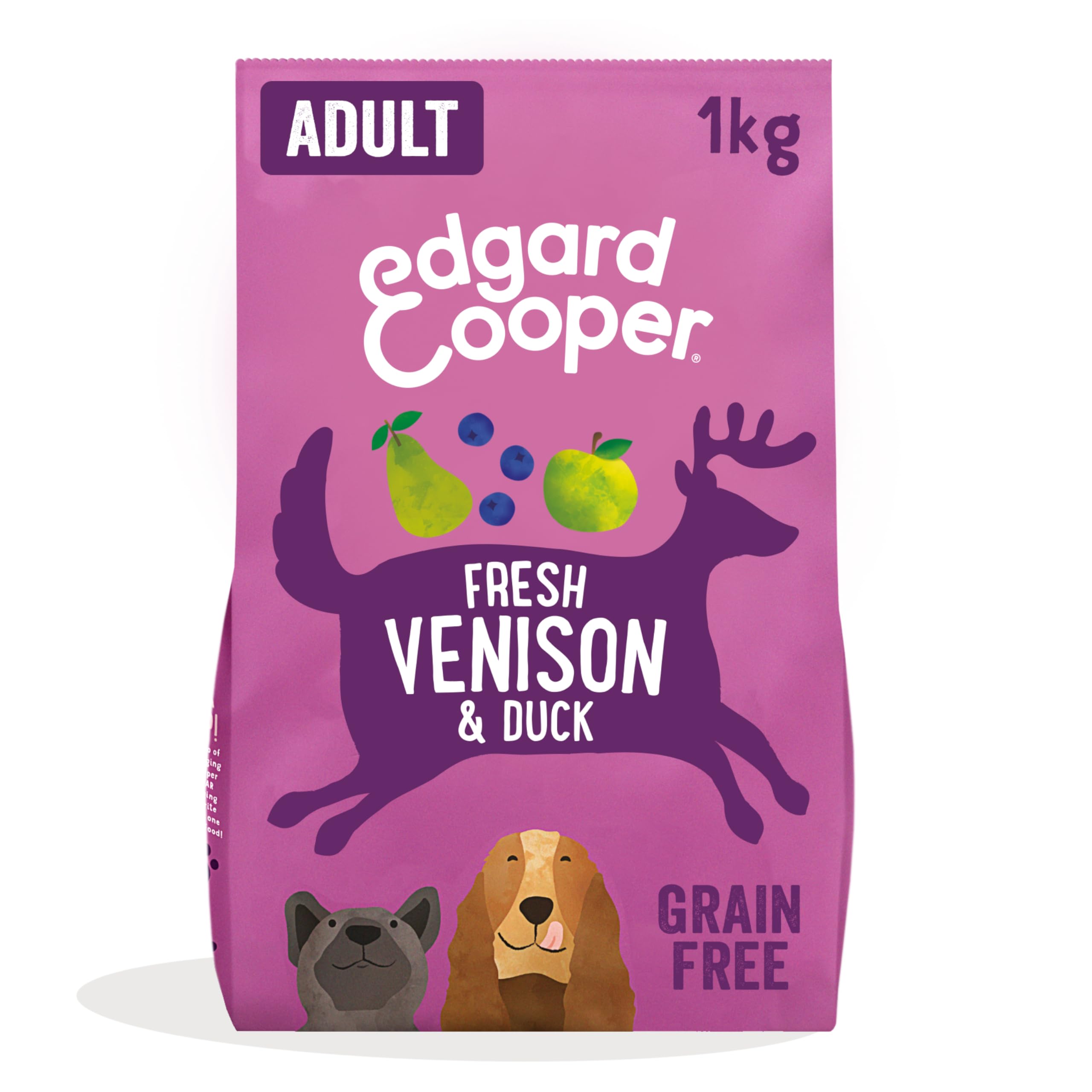 Edgard & Cooper Grain Free Dry Dog Food For Medium Breed Adult Dogs (1kg), Fresh Venison & Duck, Balanced Fibre For Gut Health, Hypoallergenic Recipe With Natural Ingredients, Never Meat Meal
