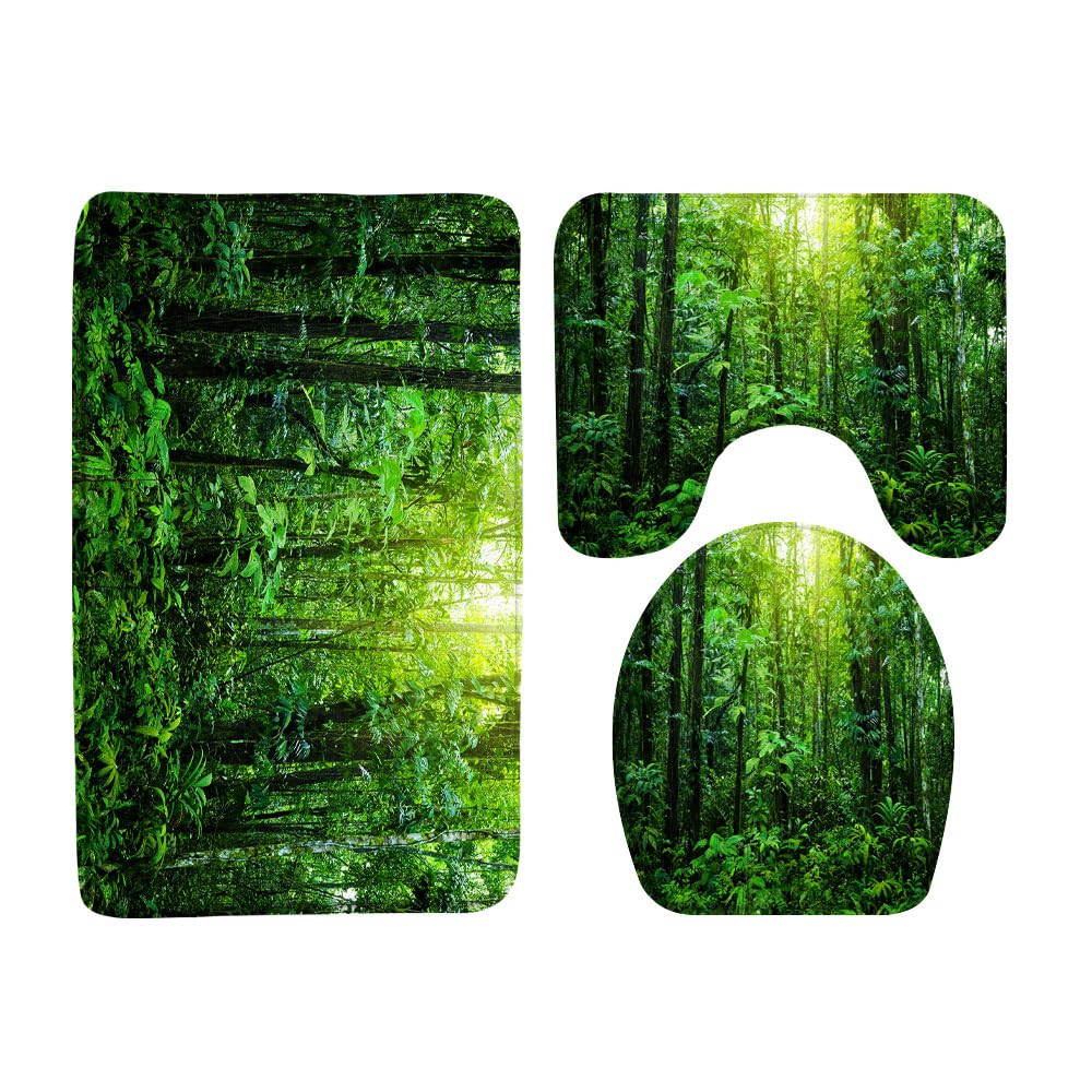VPUPCN Tropical Rainforest 3 Pcs Bath Rugs Set,Green Palm Plnat Nature Jungle Landscape Lush Tree Forest Botanical Bathroom Kitchen Rug with 17.8