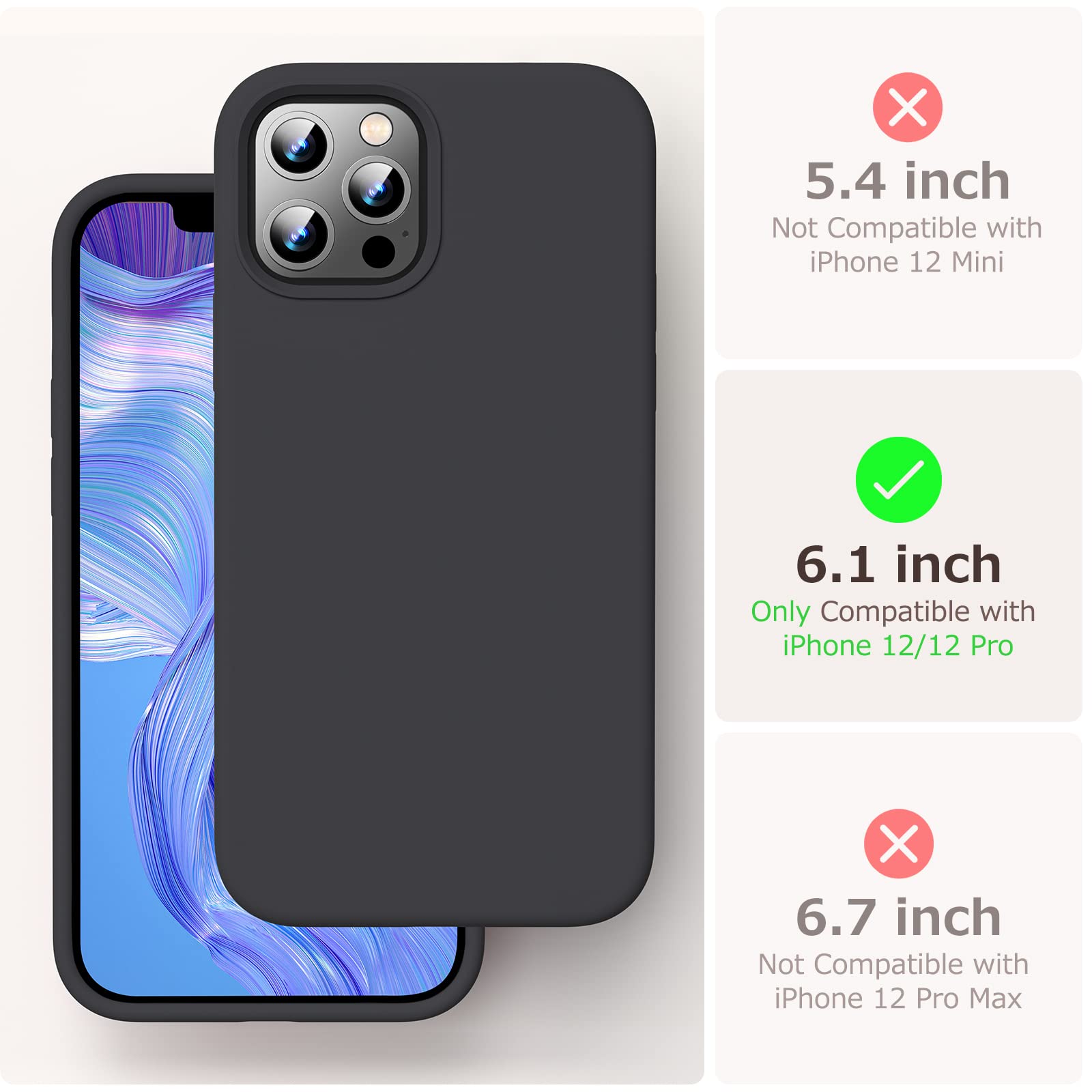 GOODVISH 3 in 1 Cover in Silicone per iPhone 12 & iPhone 12 Pro 6,1", con 2 Pezzi di Pellicola Protettiva, Silicone Liquido Custodia per Cellulare con Morbida Microfibra Antiurto, Nero