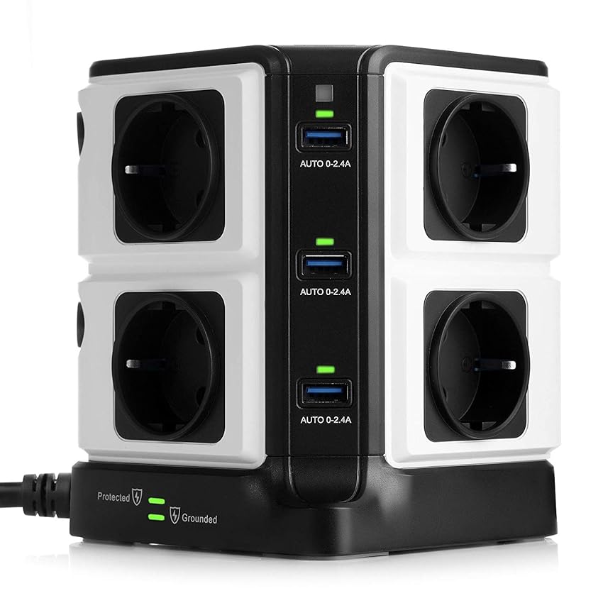 Immagine del prodotto BESTEK Multipresa Ciabatta Elettrica Verticale, Torretta Multipresa a 8 Prese Schuko e 6 Porte USB, Multipresa Protezione Sovratensione con Interruttore Indipendente, 1500J Surge Protezione