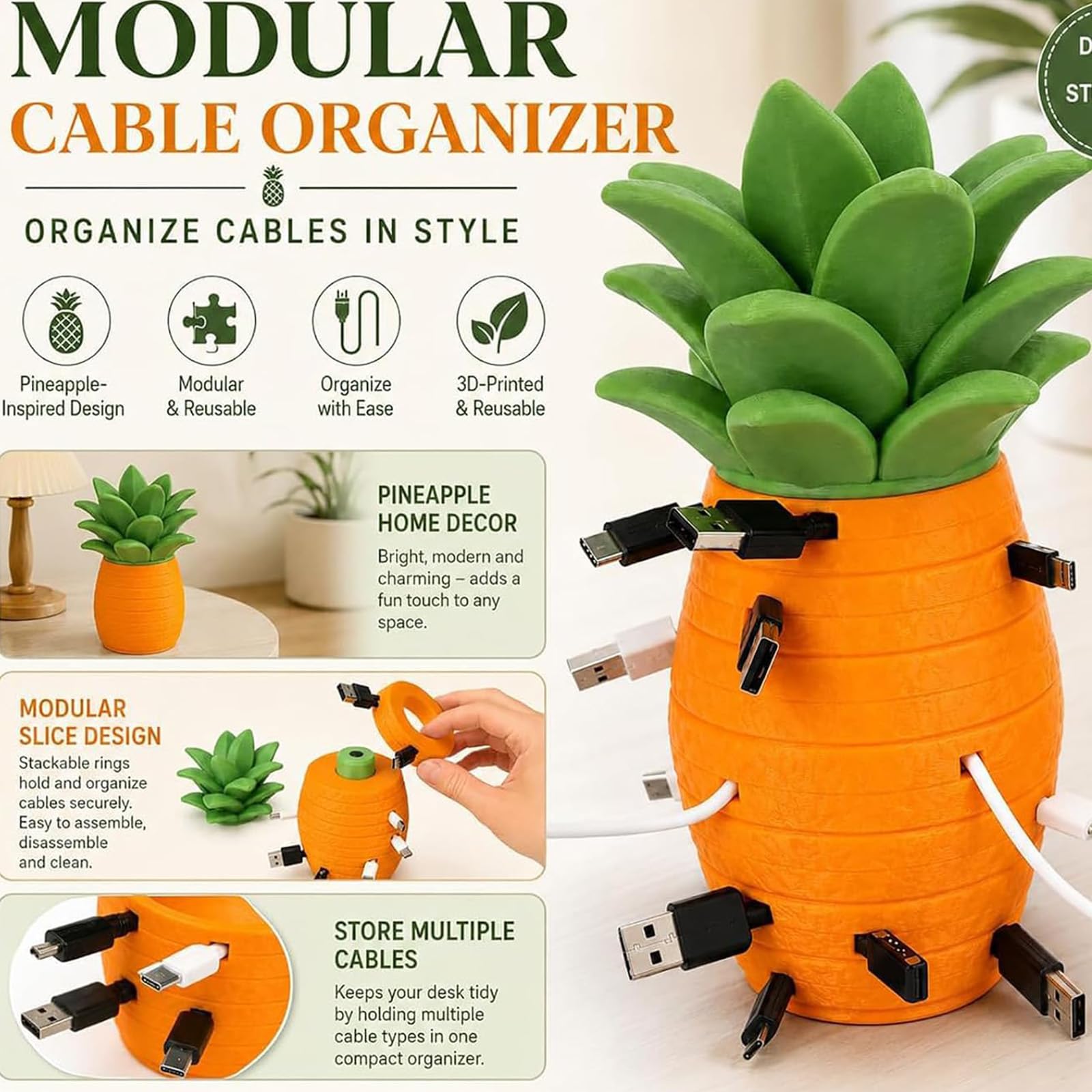Modularer Kabel-Organizer, Ananas-Kabel-Aufbewahrungshalter (2PCS)