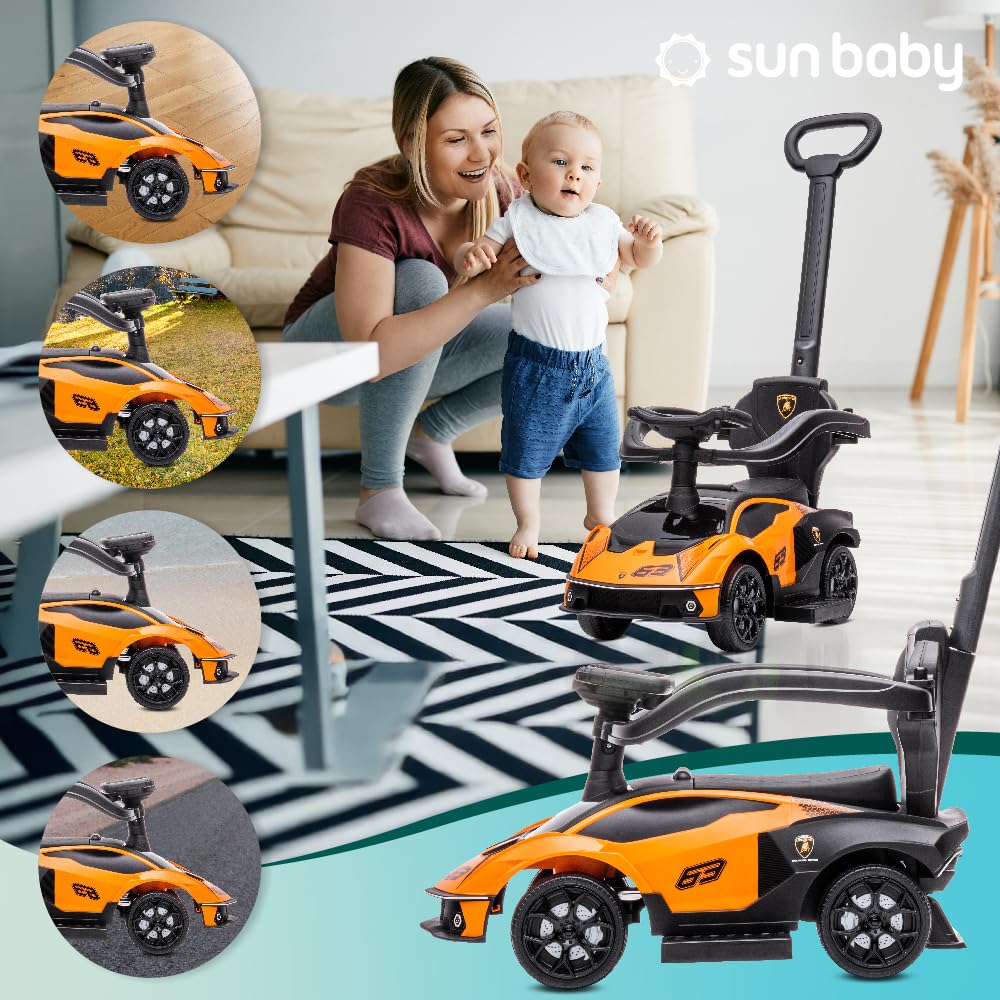 sun baby Jeździk pchacz dla dzieci Lamborghini Essenza SCV12, efekty dźwiękowe, schowek, pchacz sterujący kierownicą, wysuwane podparcie na stopy (Pomarańczowy)