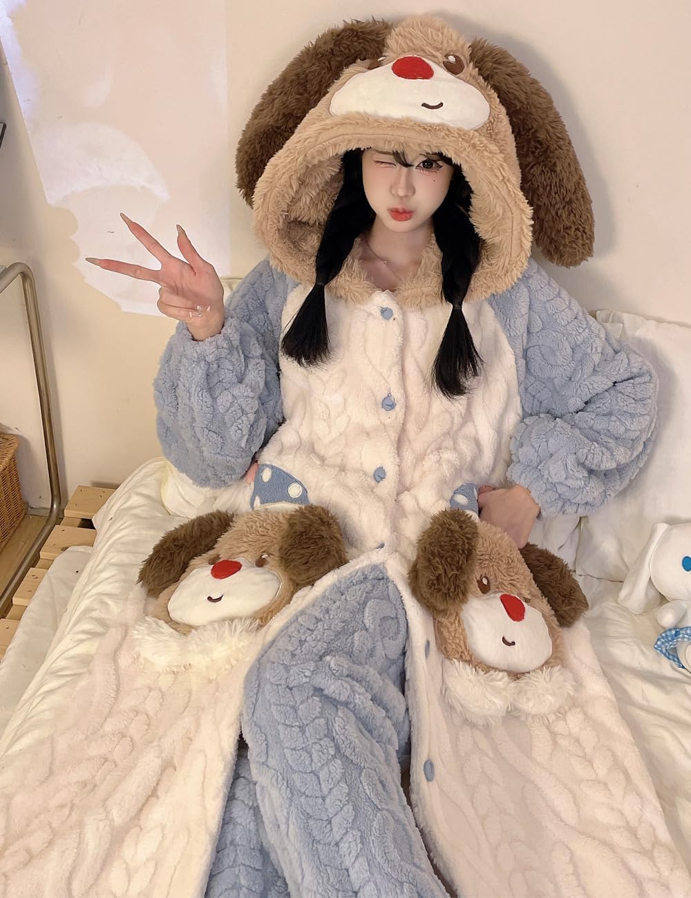 Brrioe Women's button bathrobe hoodie coat plush warm pajamas Long with cute Kawaii pattern pocket pajamas and trousers Sets - Image 4