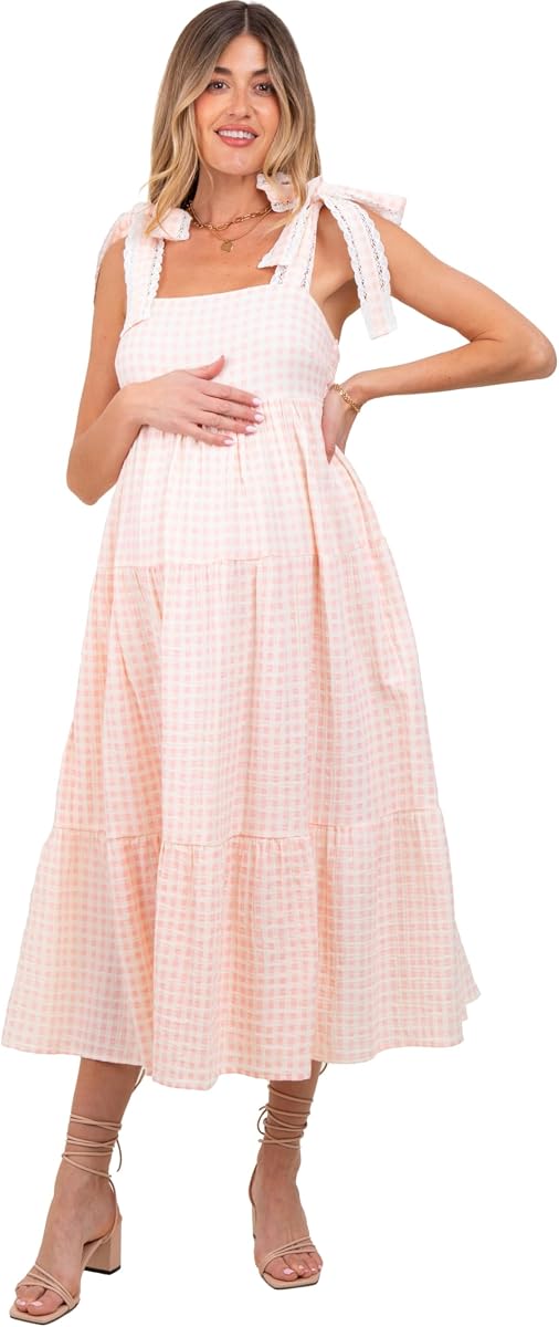 Vestido largo premamá con lazo en los hombros y ribete de encaje a cuadros claros de PinkBlush