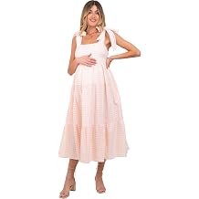 PinkBlush Light Gingham Lace Trim Shoulder Tie Maternity Maxi Dress