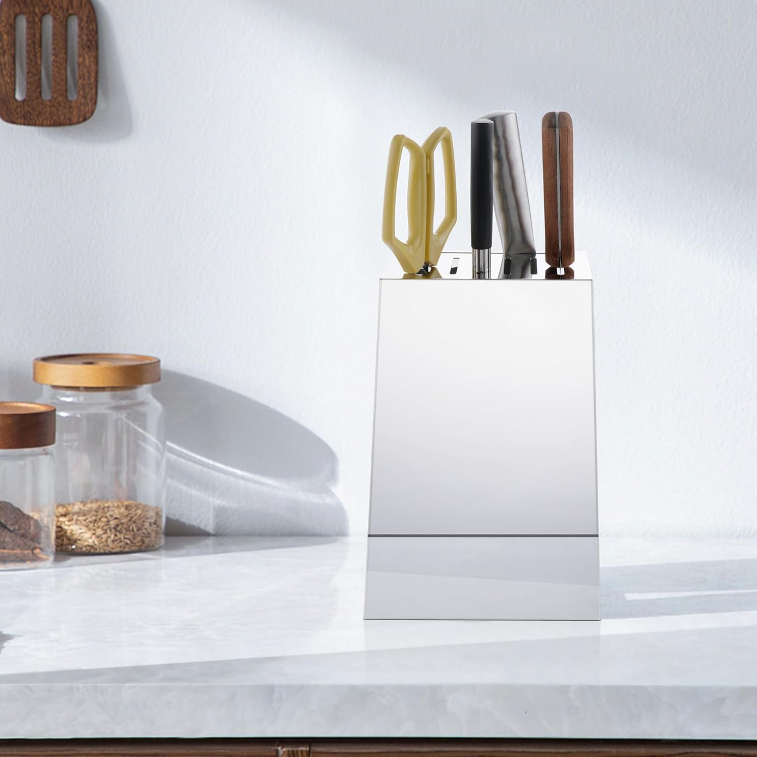 Industrial Style Knife Block Holder, T316 Grade Stainless Steel Counter Top Cutlery Shelf Reflective Polish, One Pack