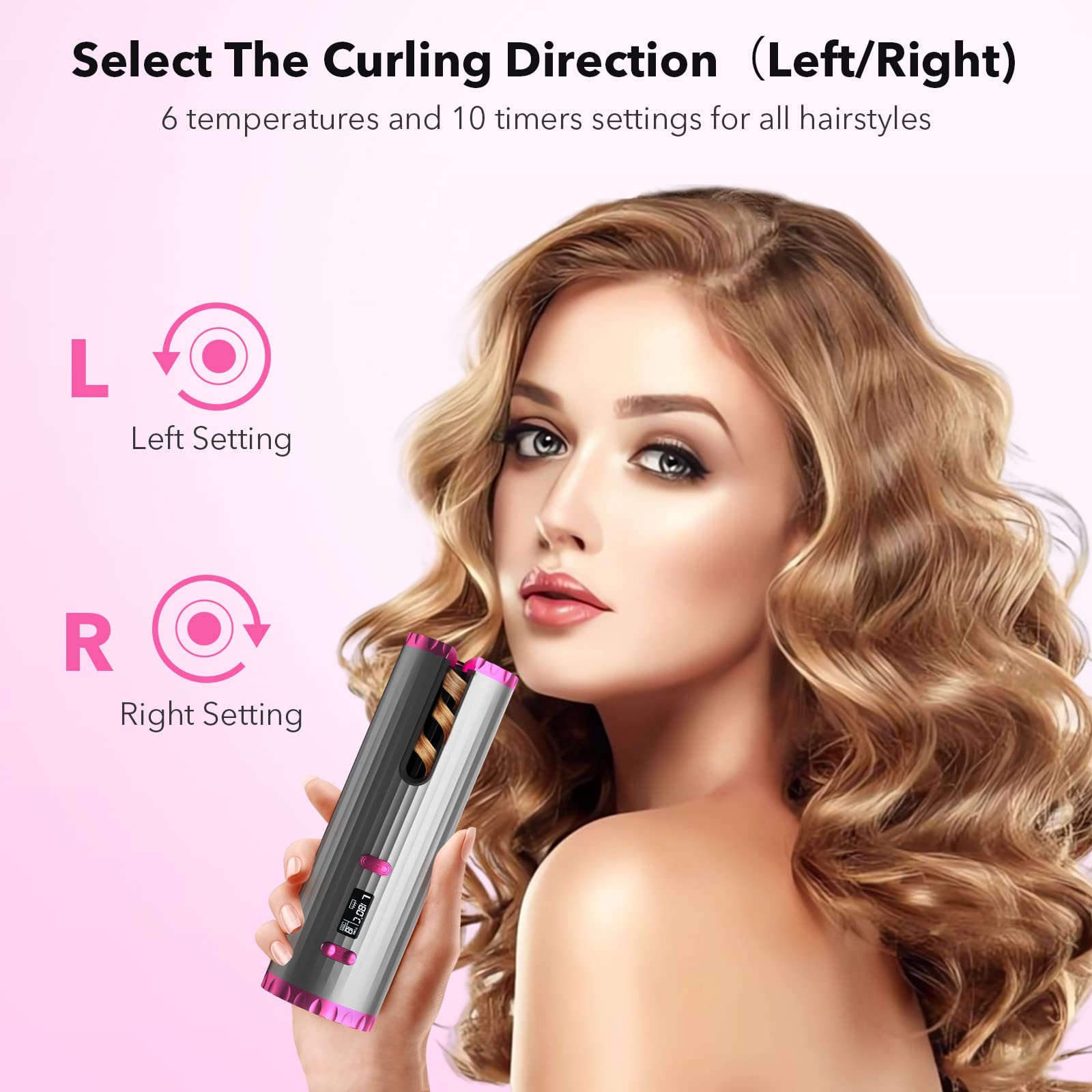 Automatischer kabelloser Lockenwickler, Farbverlauf Rosa - 6 Heizstufen, schnelles Aufheizen 60s, Auto Hair Wrap & Tangle-Free, Nano-Keramik- & Turmalin-Beschichtung für glänzendes Haar, tragbarer