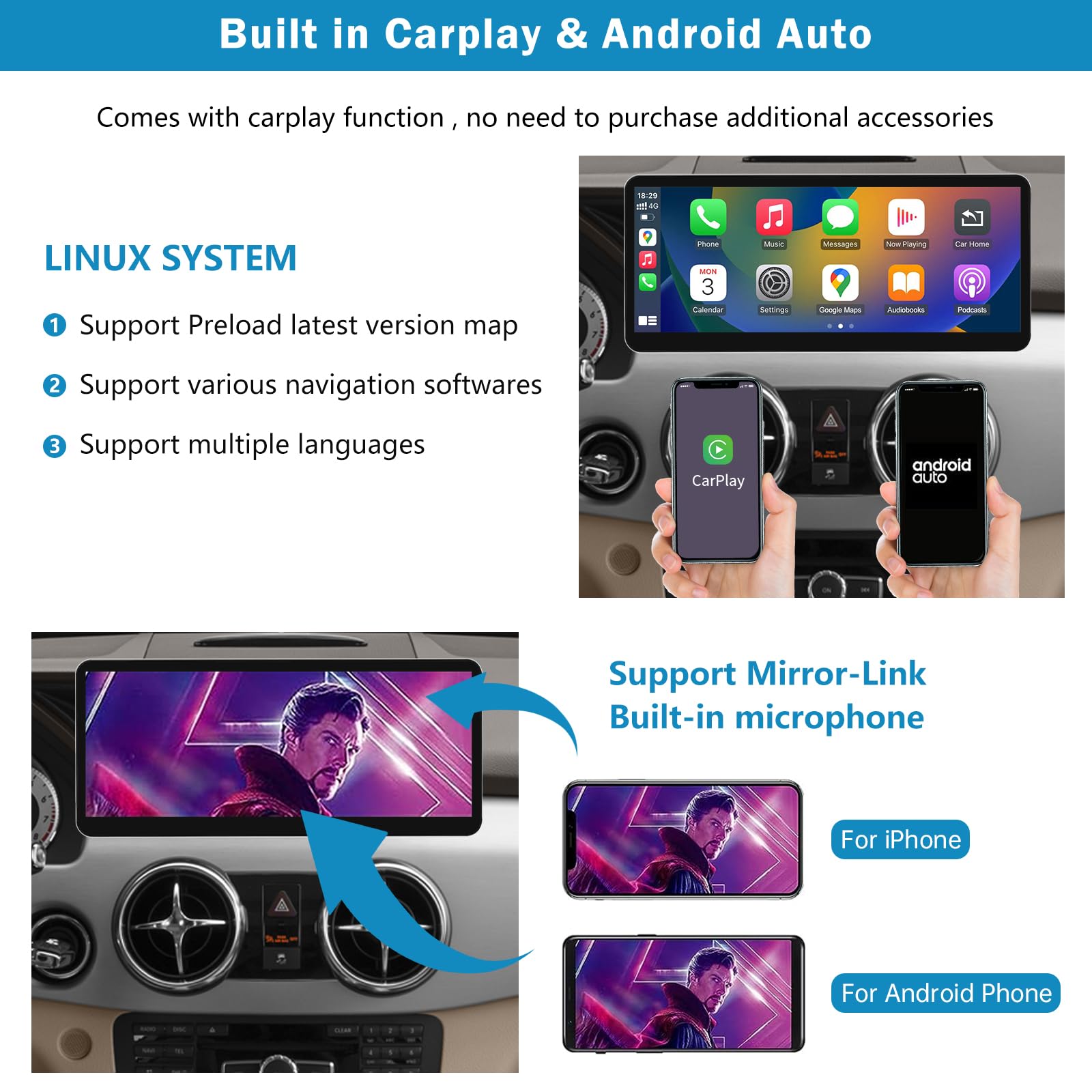 Autoradio 12,3 Pouces avec écran Tactile, CarPlay sans Fil et Android Auto pour Mercedes Benz Classe GLK X204 (2013-2015), NTG4.5/4.7, Compatible MirrorLink, caméra et Navigation.