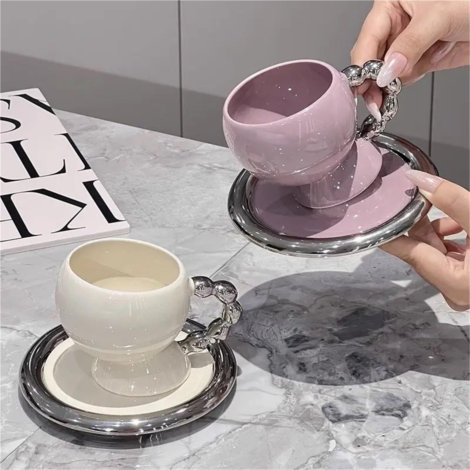 2PCS Tee Kaffee Tasse Untertasse Zarte Keramik Paar Becher Latte Art Kaffee Tasse Hause Frühstück Becher für Kaffee(Purple)