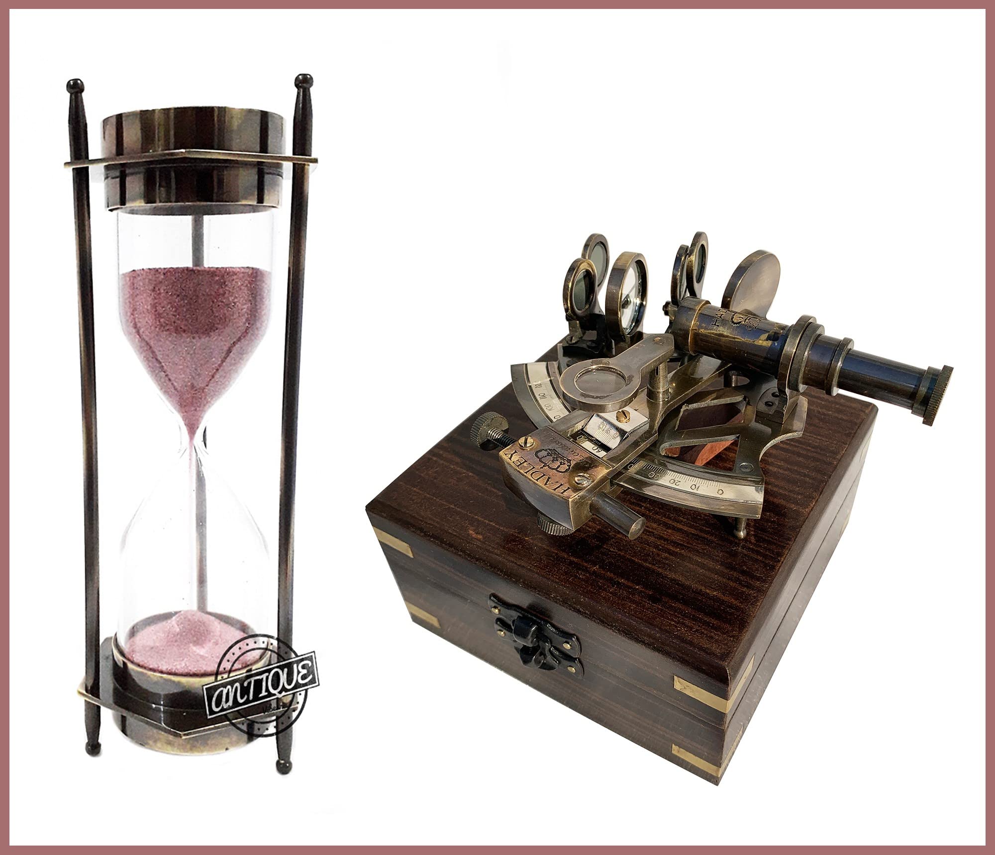 Nautical Marine Hour Glass Antique Compass Timer & Maine Vintage Brass Sextant in Wooden Box