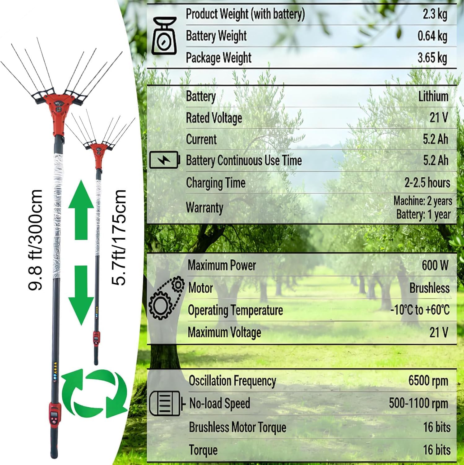 Recolector eléctrico de frutas, cosechadora telescópica de aceitunas de doble velocidad, agitador de árbol inalámbrico de 600 W con batería de mochila para una cosecha eficiente