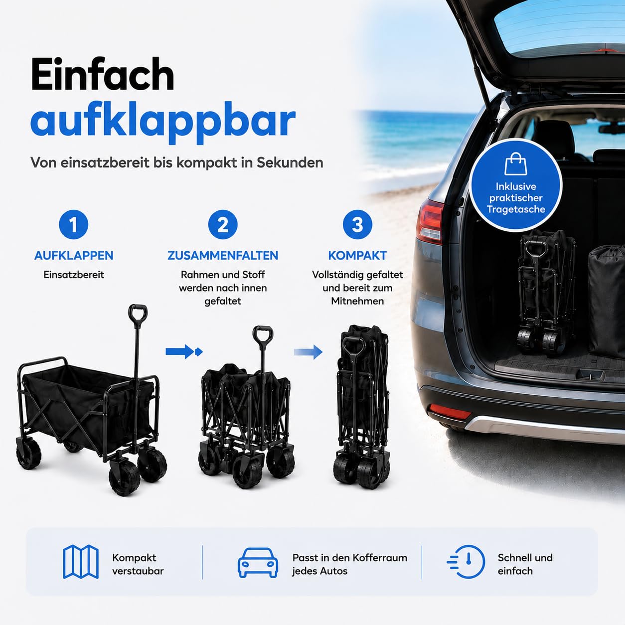 Silvergear® XL Bollerwagen Faltbar 150 kg | Strandwagen | 100×50×59 cm | Schwarz